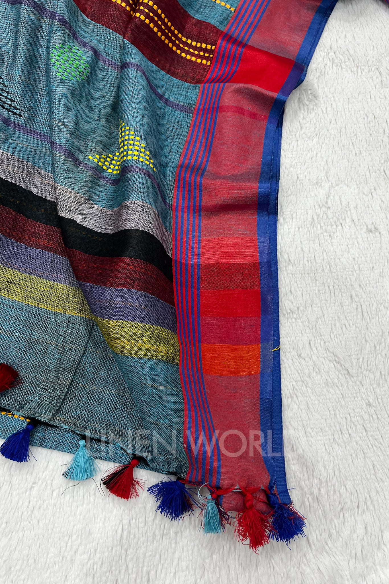 nirja (blue handloom kantha linen saree) - linenworldonline.in