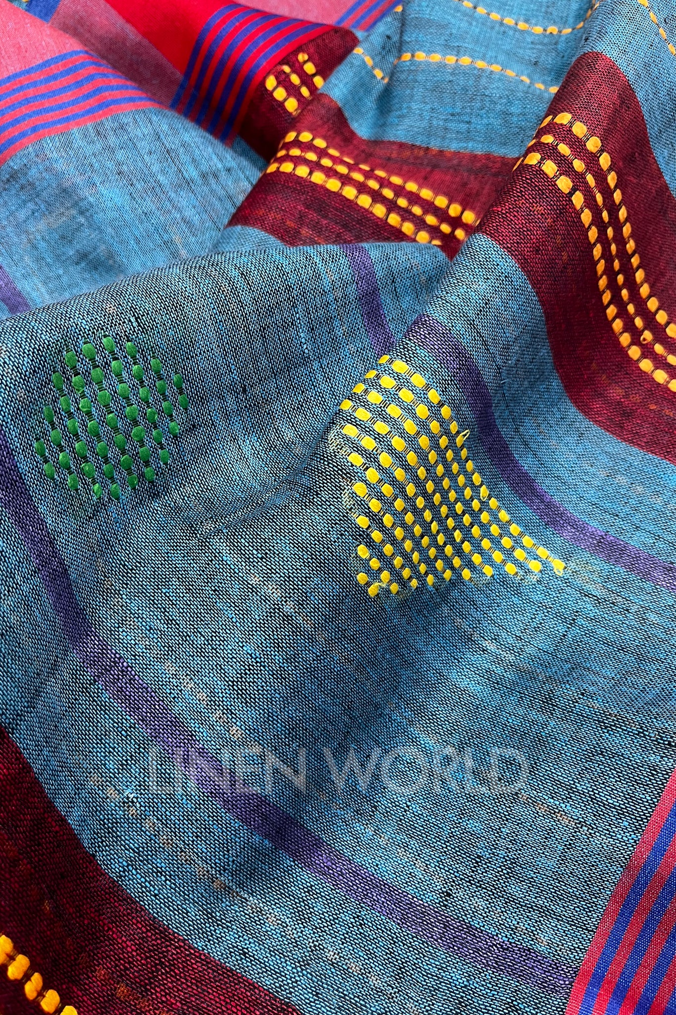 nirja (blue handloom kantha linen saree) - linenworldonline.in