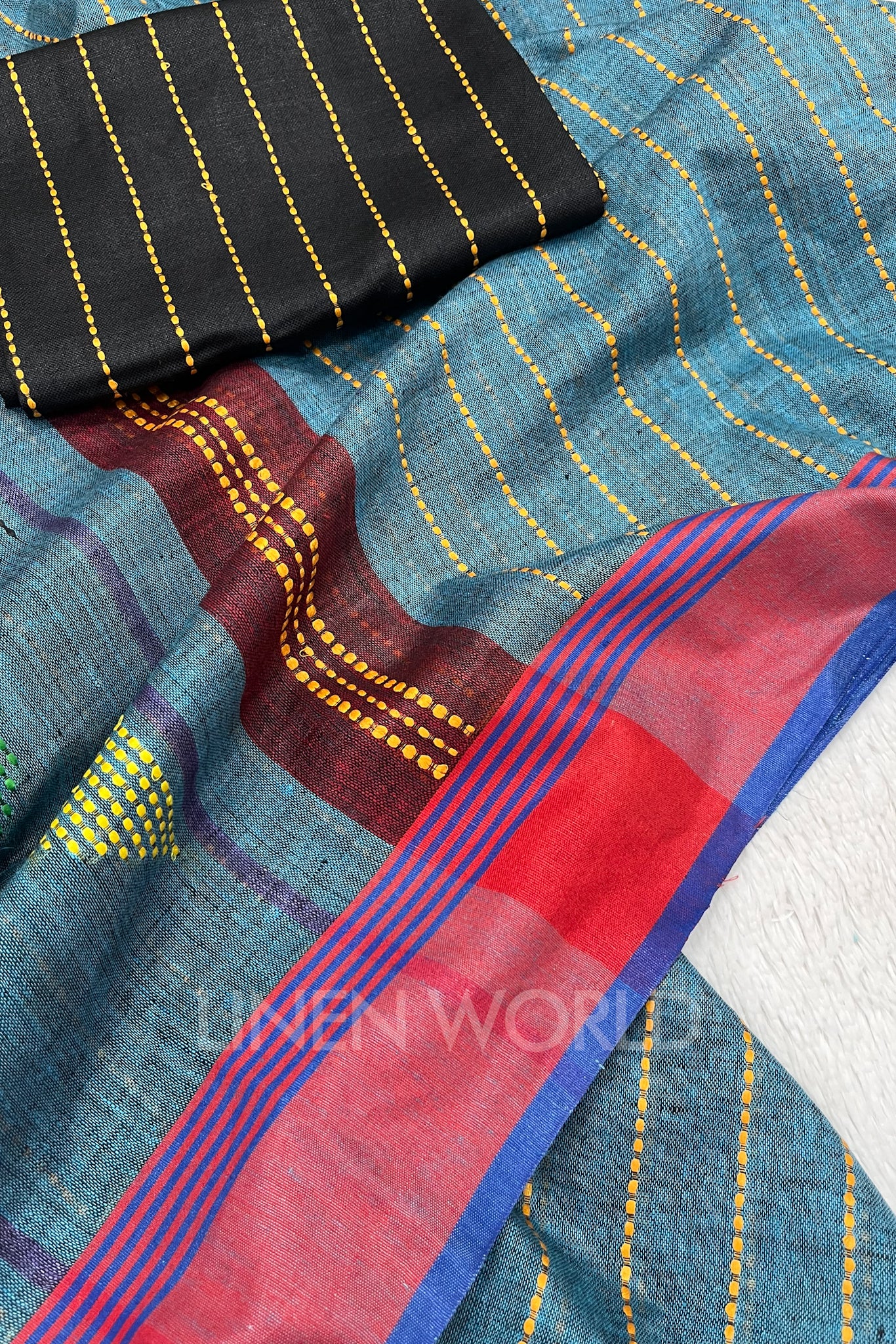 nirja (blue handloom kantha linen saree) - linenworldonline.in