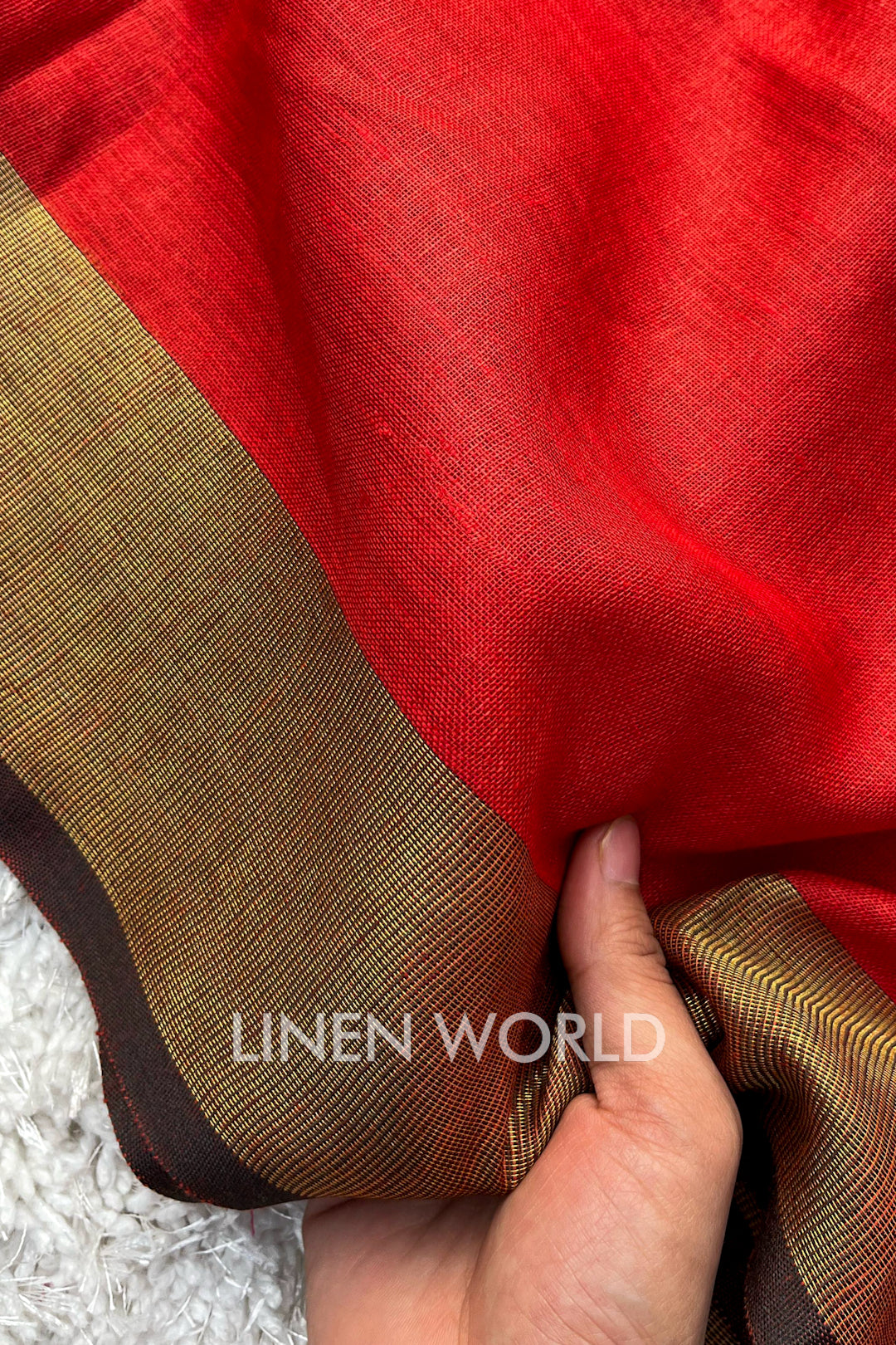 natalia - nusrat jahan in red handwoven pure linen saree - linenworldonline.in