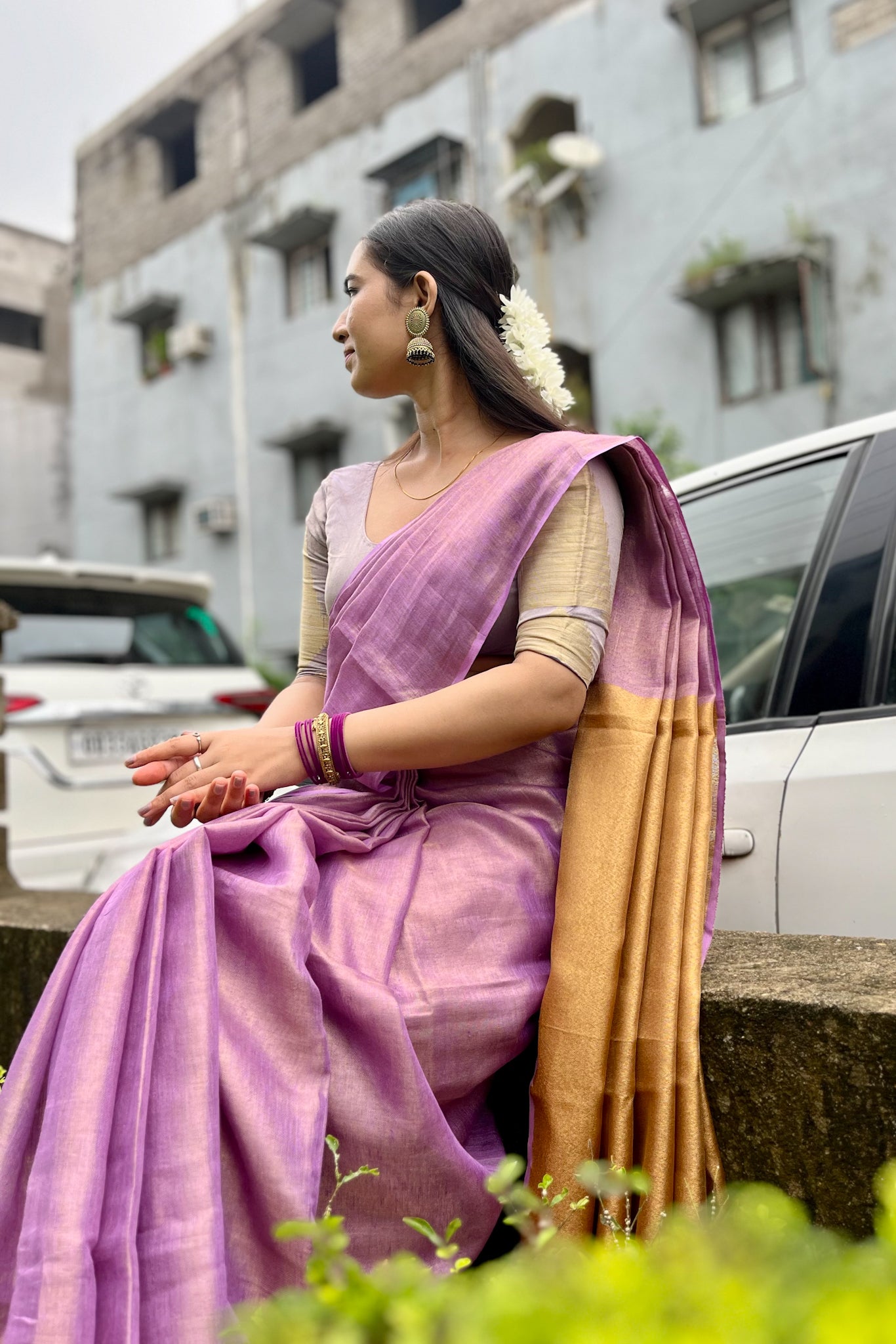 elsie - lavender zari linen sari - linenworldonline.in