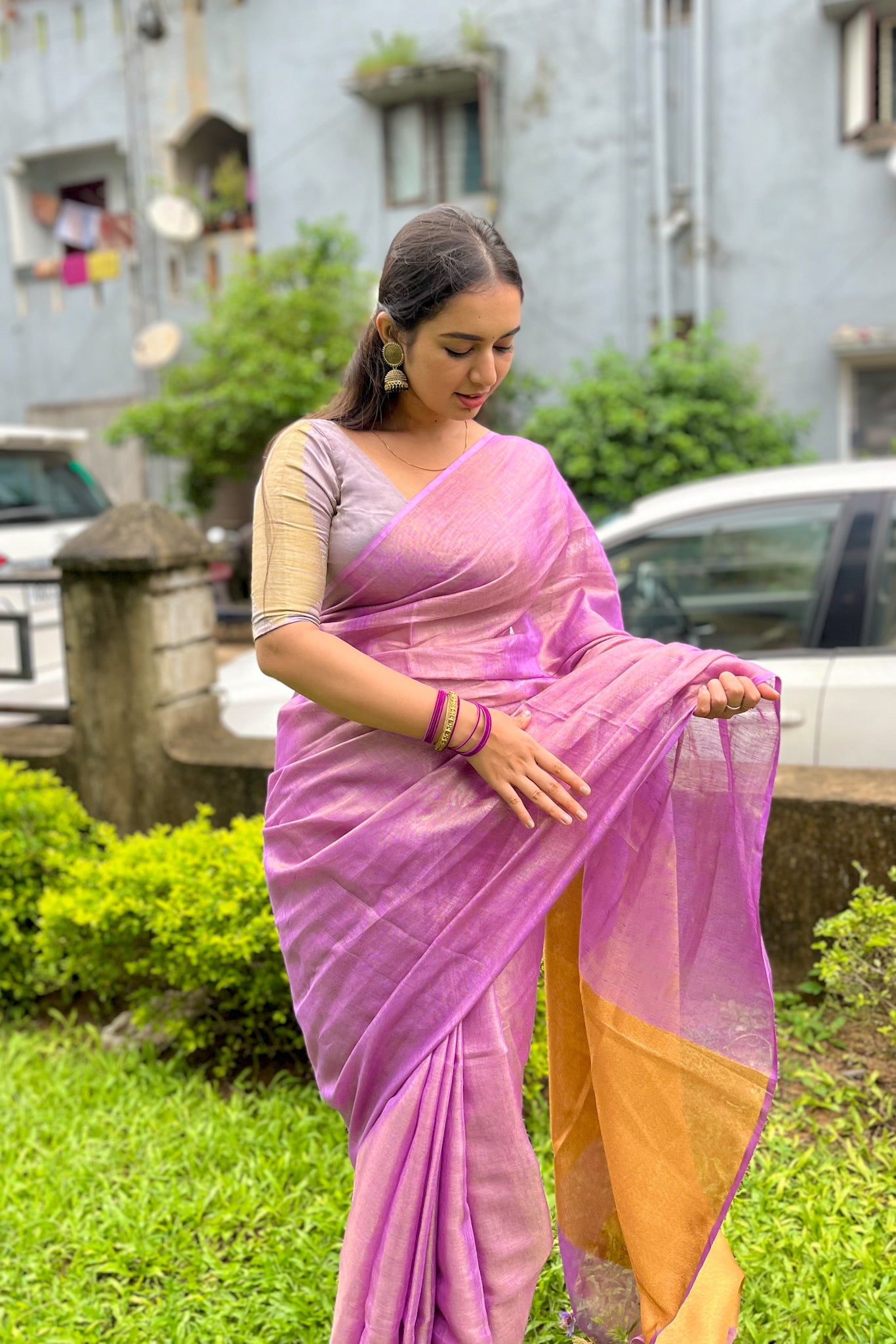 elsie - lavender zari linen sari - linenworldonline.in