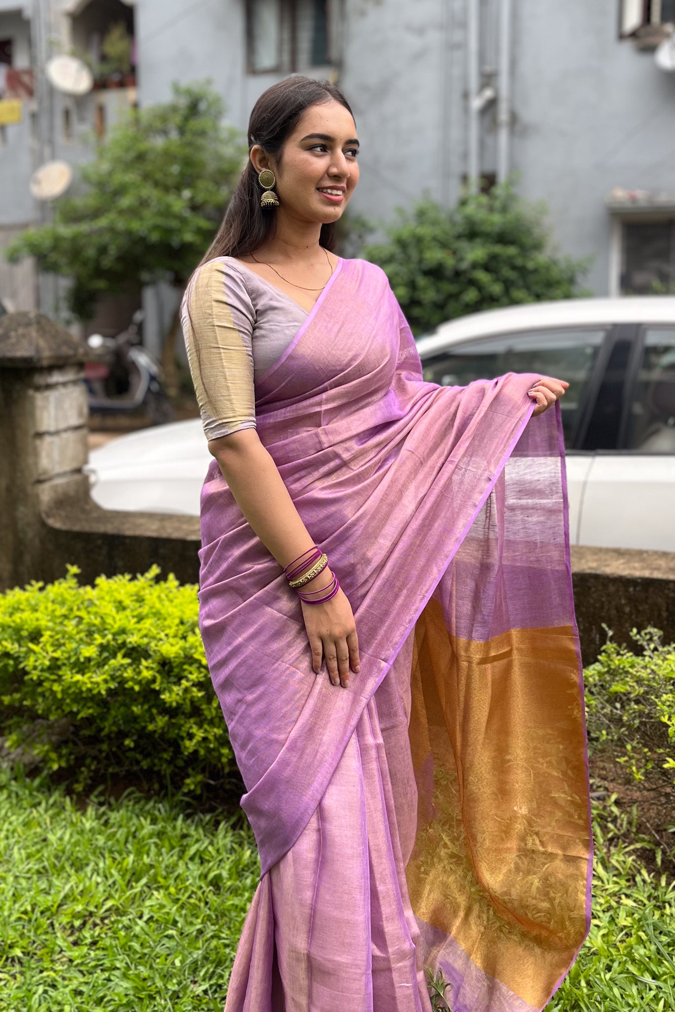 elsie - lavender zari linen sari - linenworldonline.in