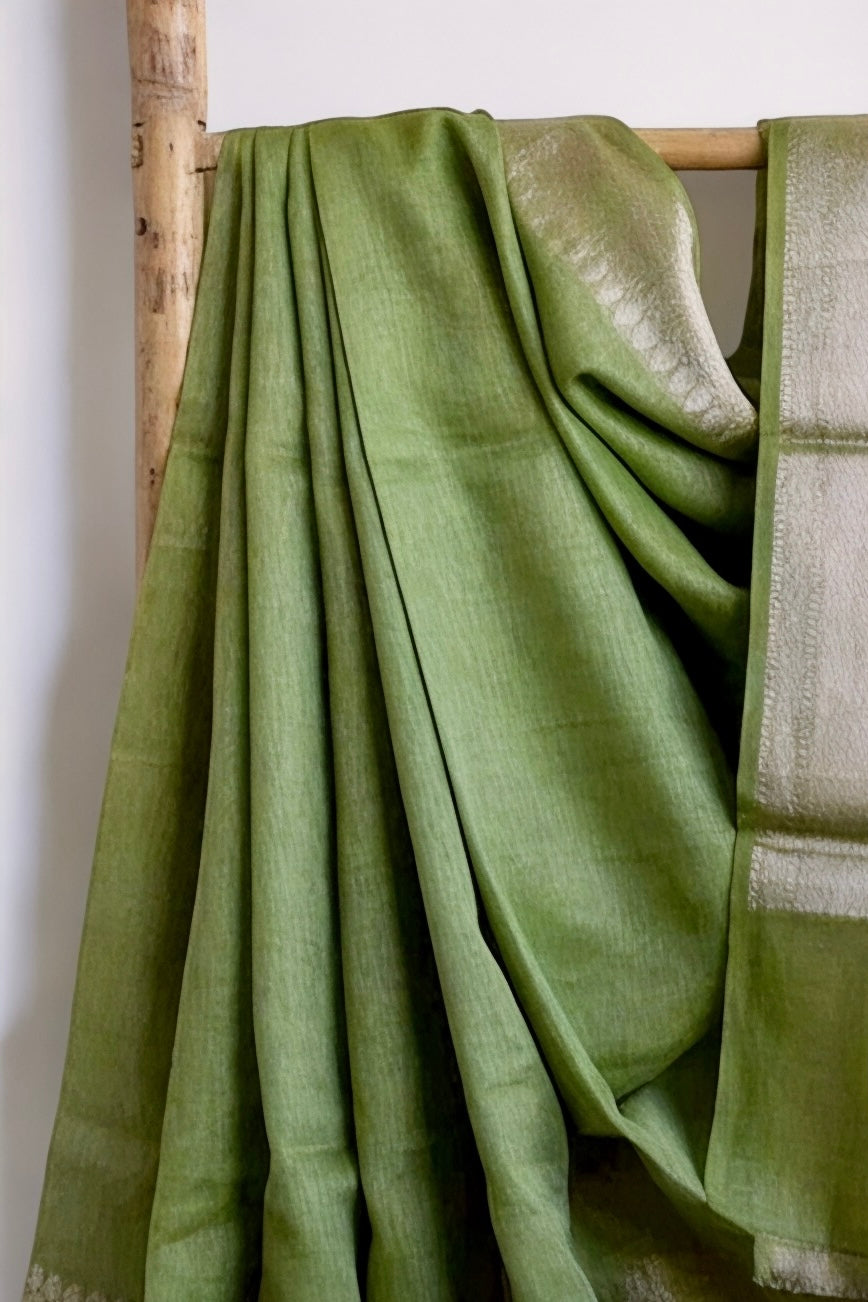 olive green banarasi silk linen saree - linenworldonline.in