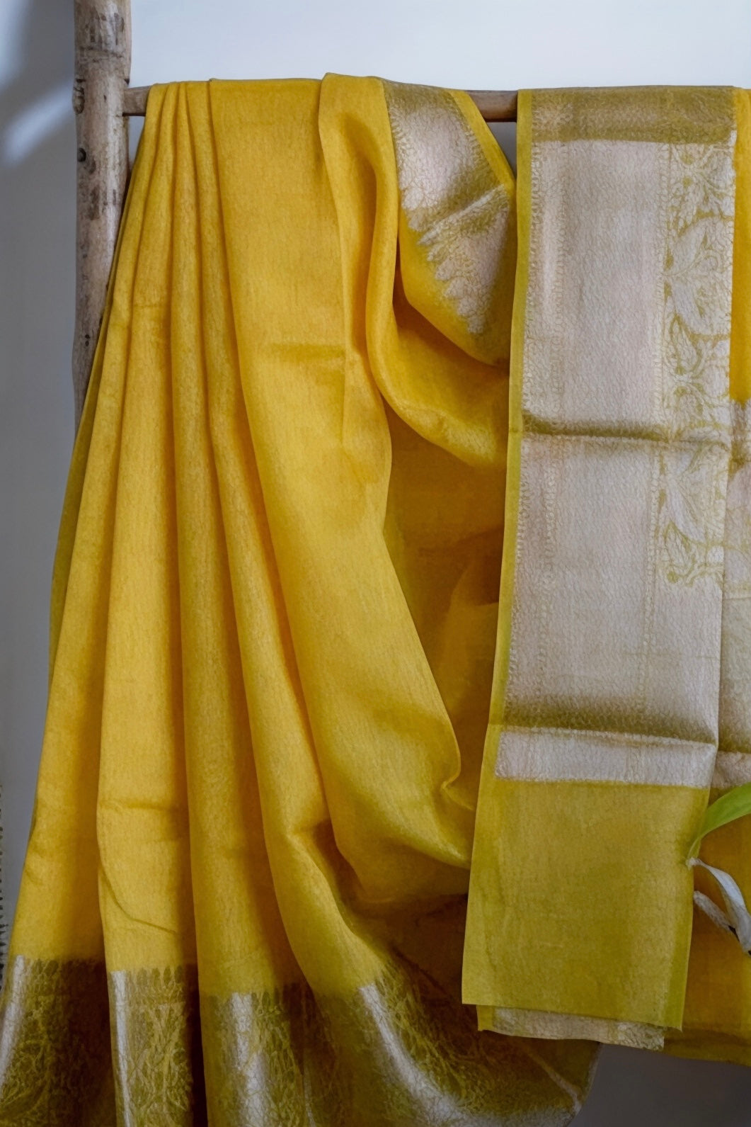 yellow banarasi silk linen saree - linenworldonline.in