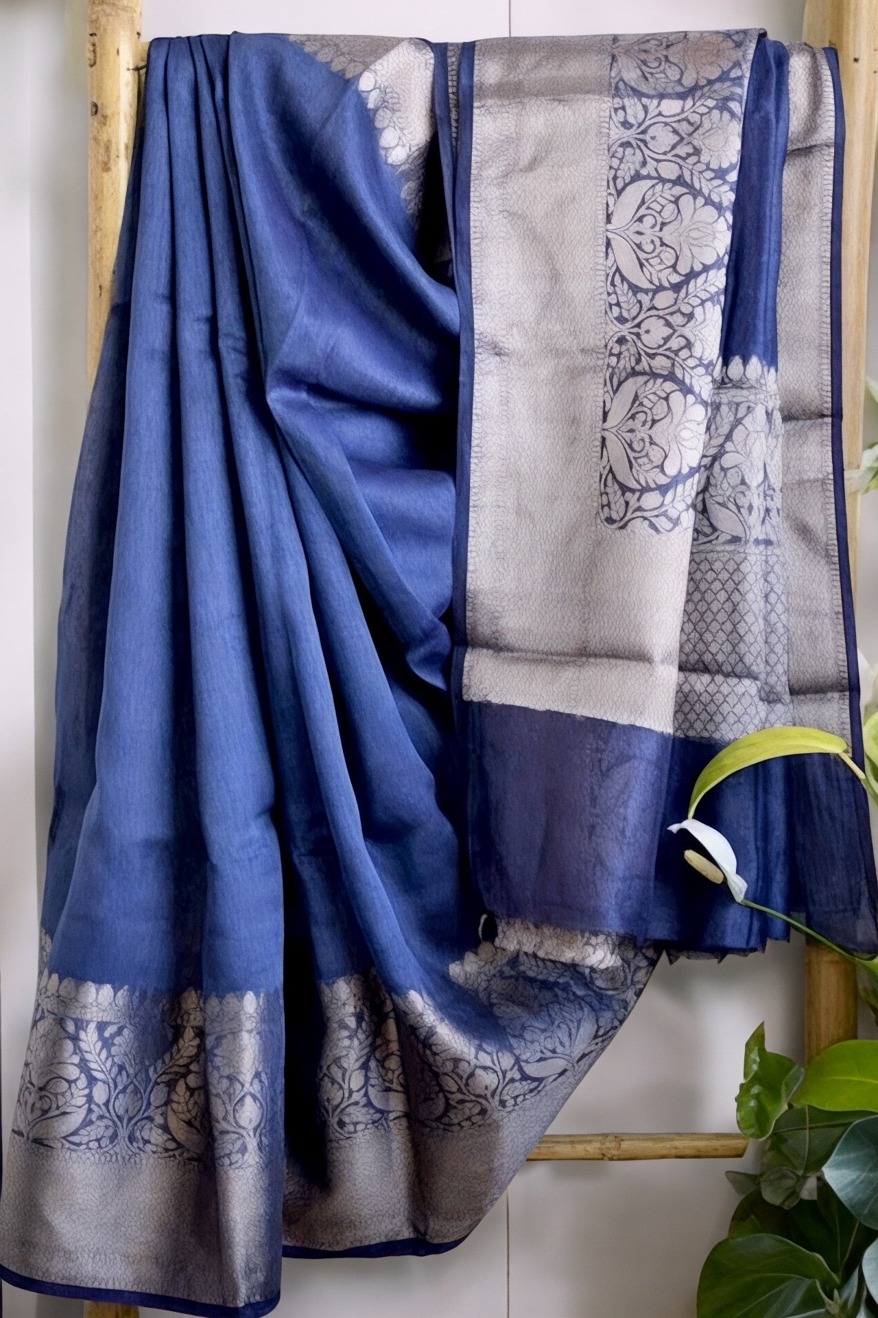 blue banarasi silk linen saree - linenworldonline.in