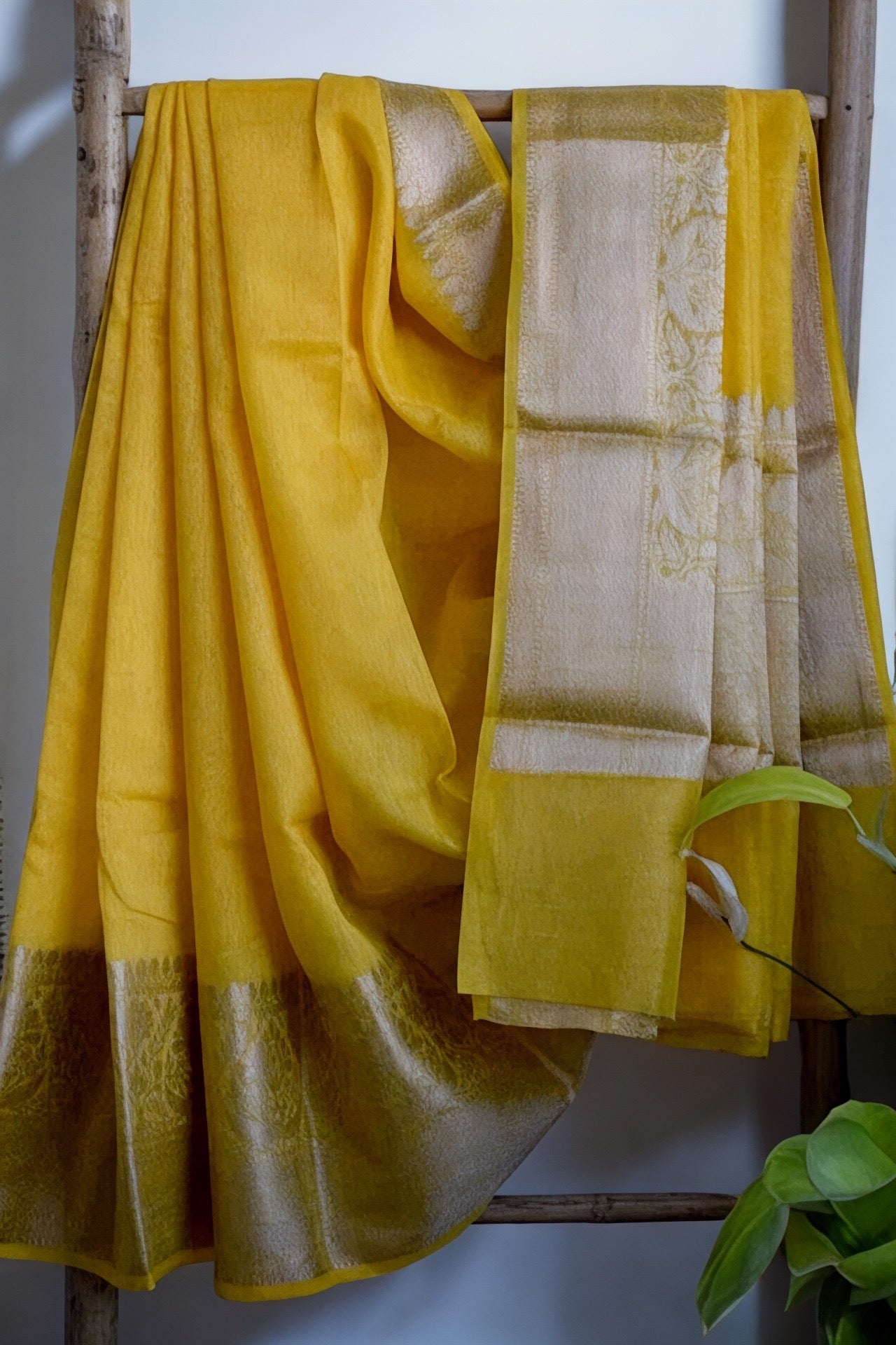 yellow banarasi silk linen saree - linenworldonline.in