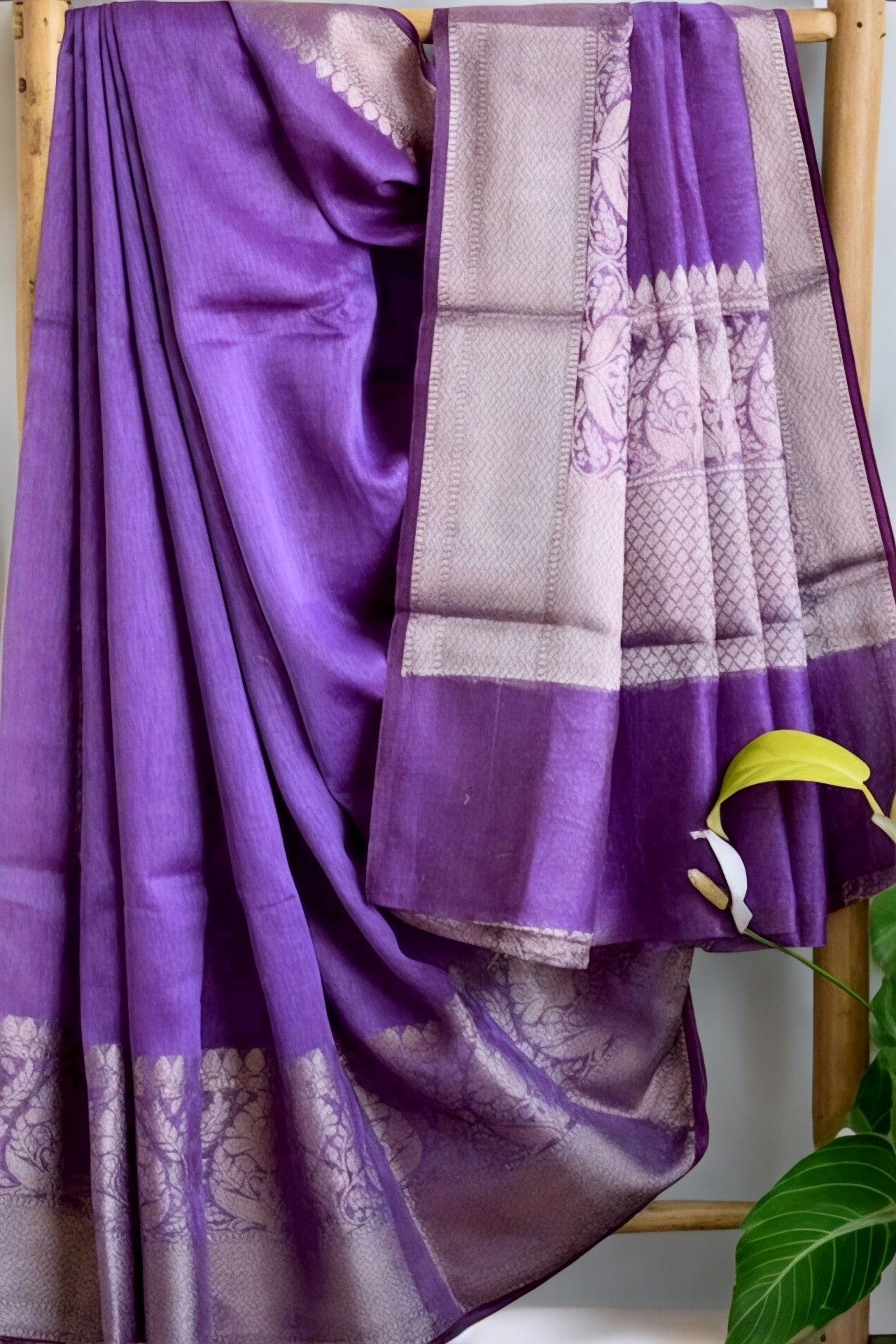 purple banarasi silk linen saree - linenworldonline.in