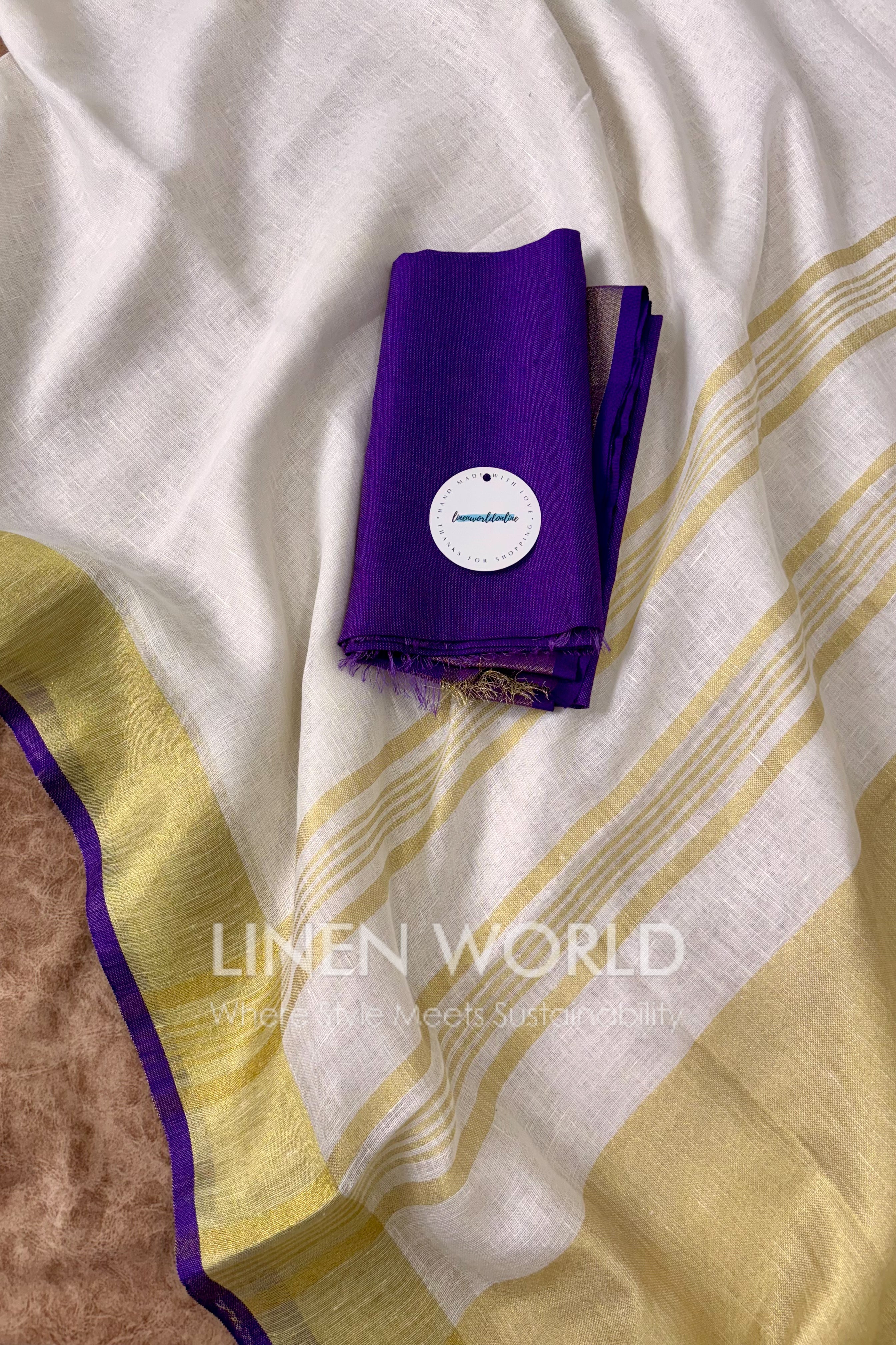 white pure linen saree with purple gold border - linen world