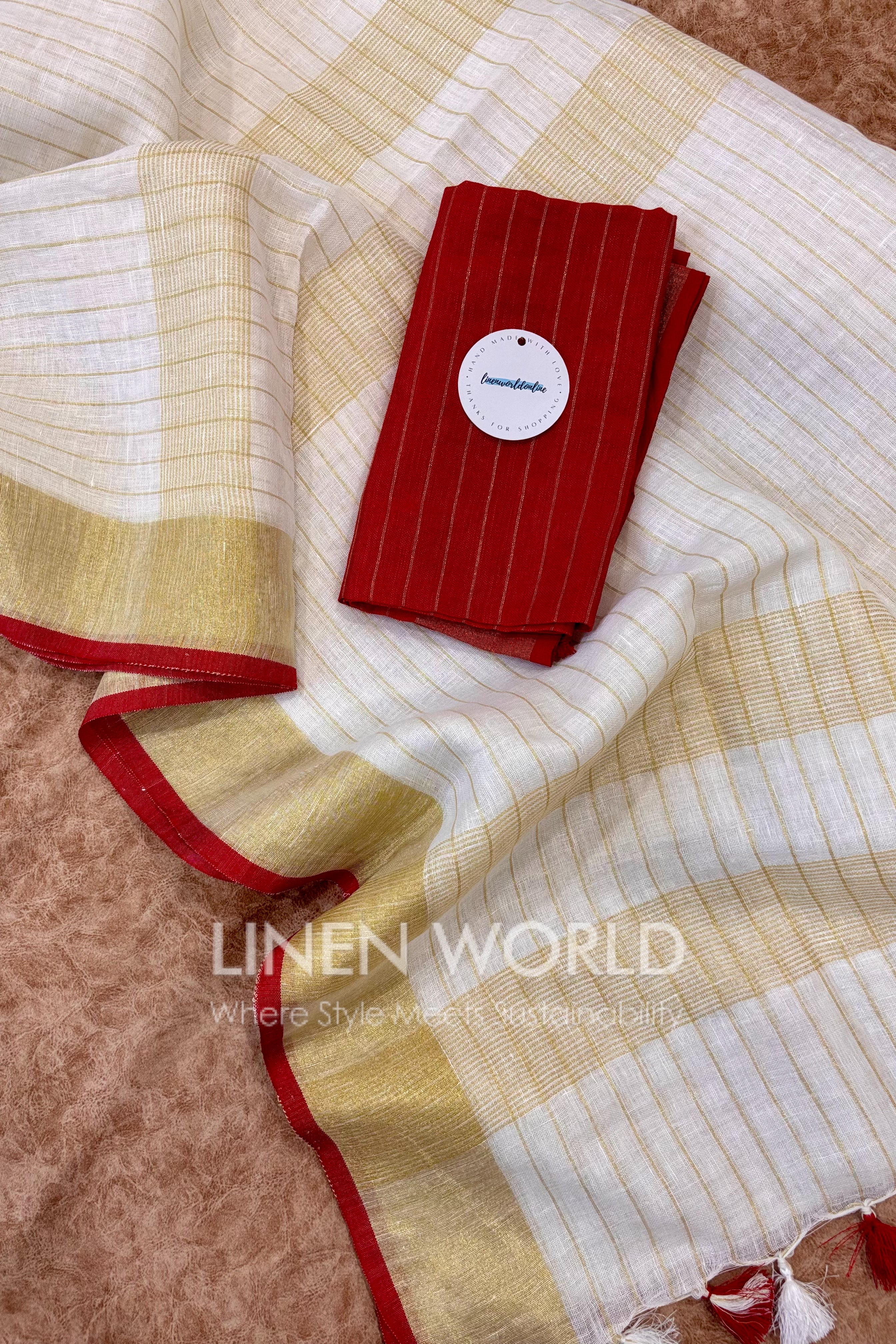 onam special stripe pure linen saree - linen world