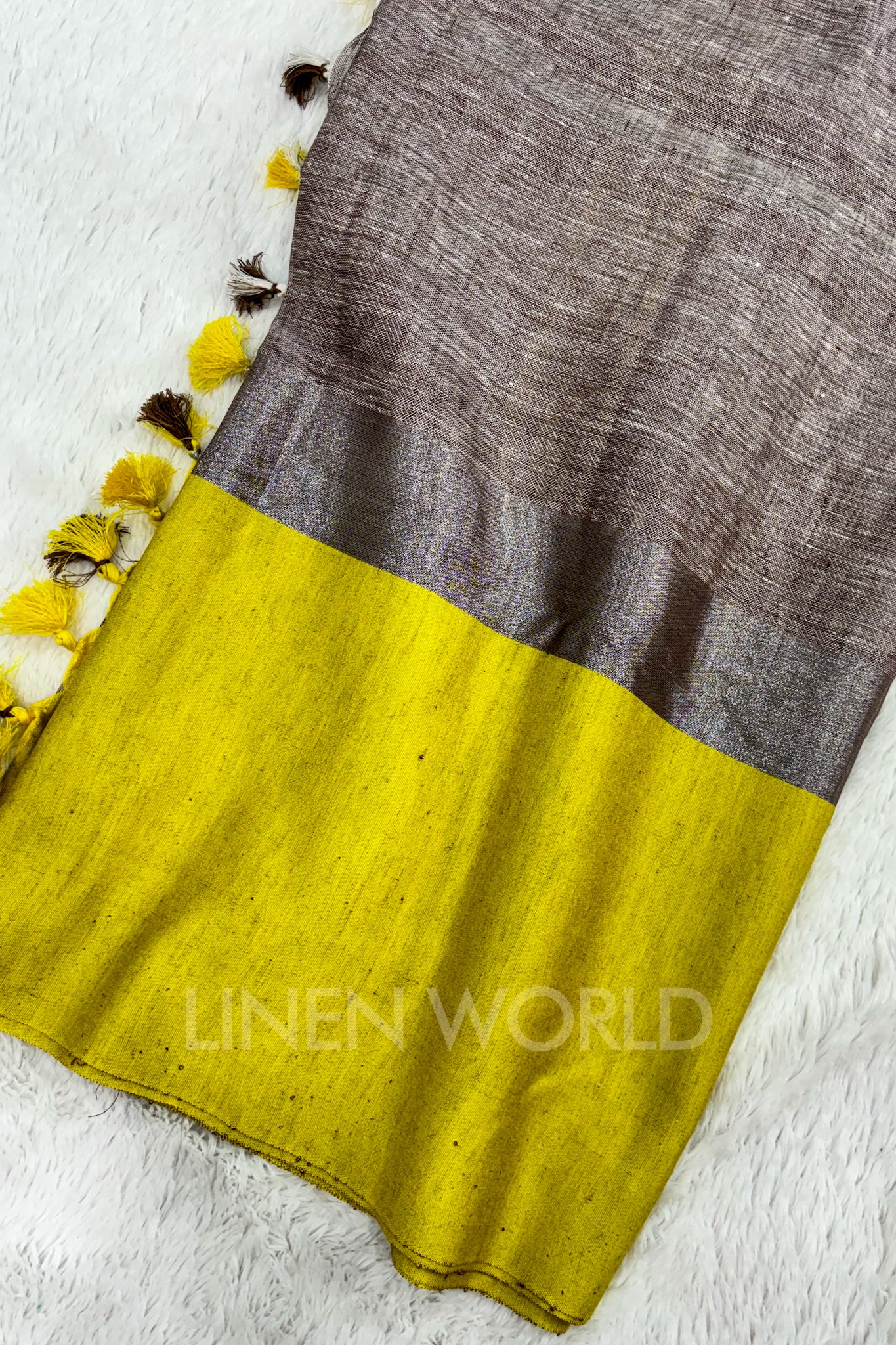 brown handwoven pure linen saree - linenworldonline.in