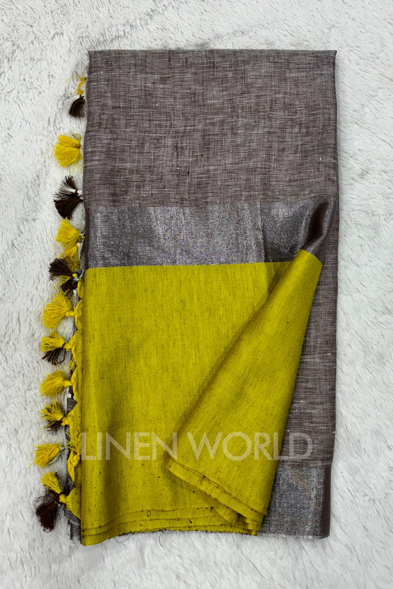 brown handwoven pure linen saree - linenworldonline.in