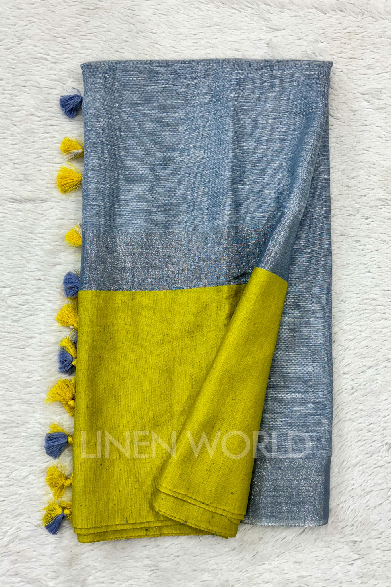 blue handwoven pure linen saree - linenworldonline.in