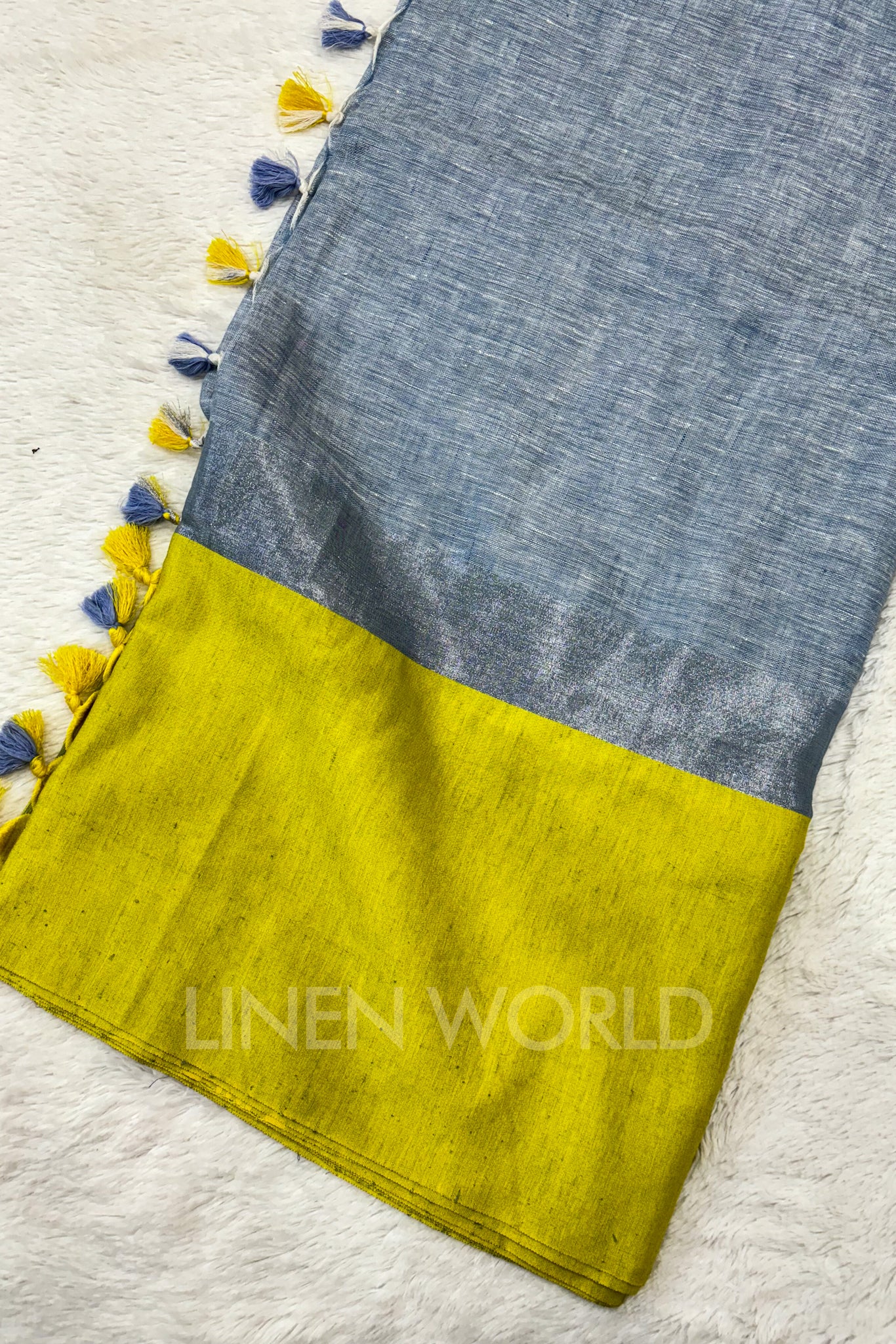 blue handwoven pure linen saree - linenworldonline.in