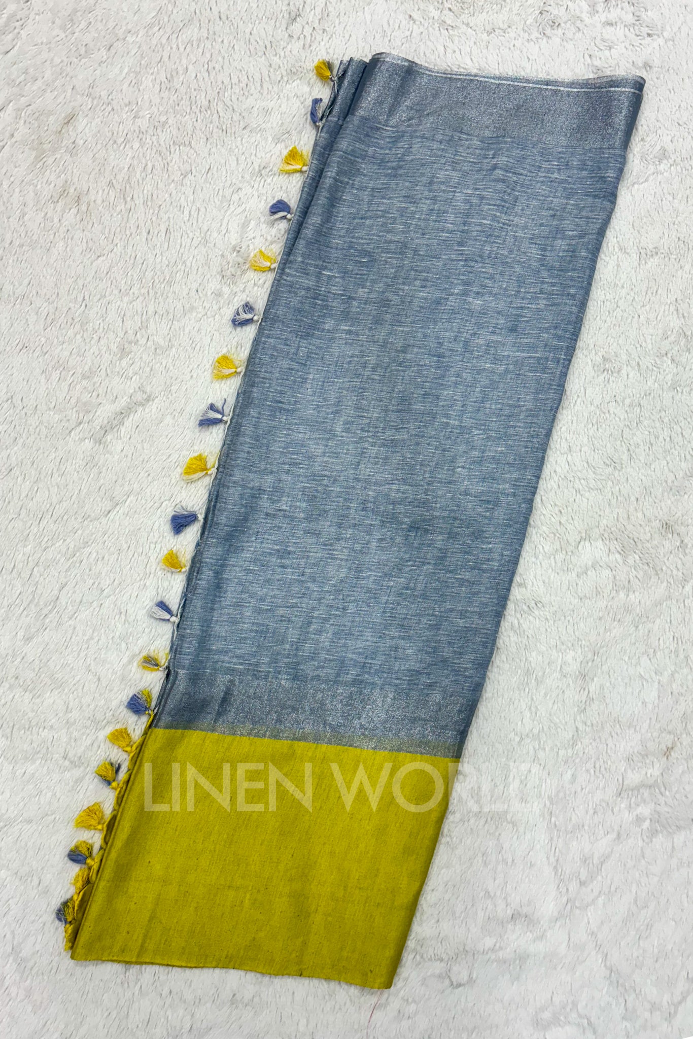 blue handwoven pure linen saree - linenworldonline.in