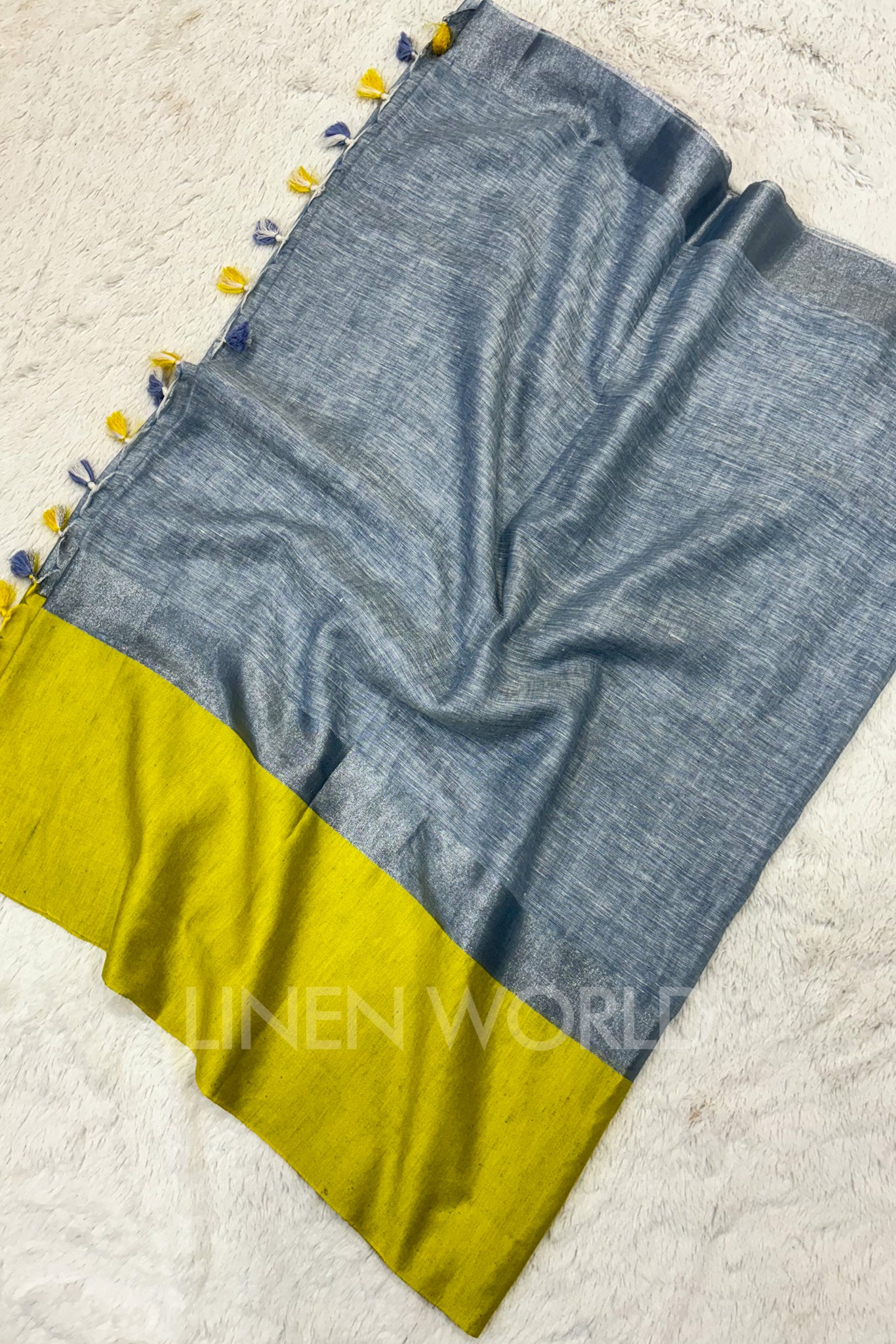 blue handwoven pure linen saree - linenworldonline.in