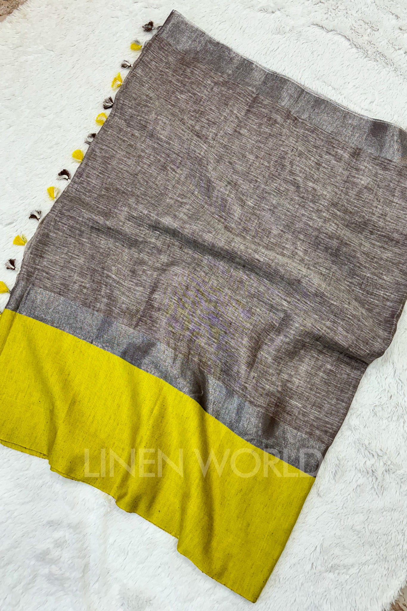 brown handwoven pure linen saree - linenworldonline.in