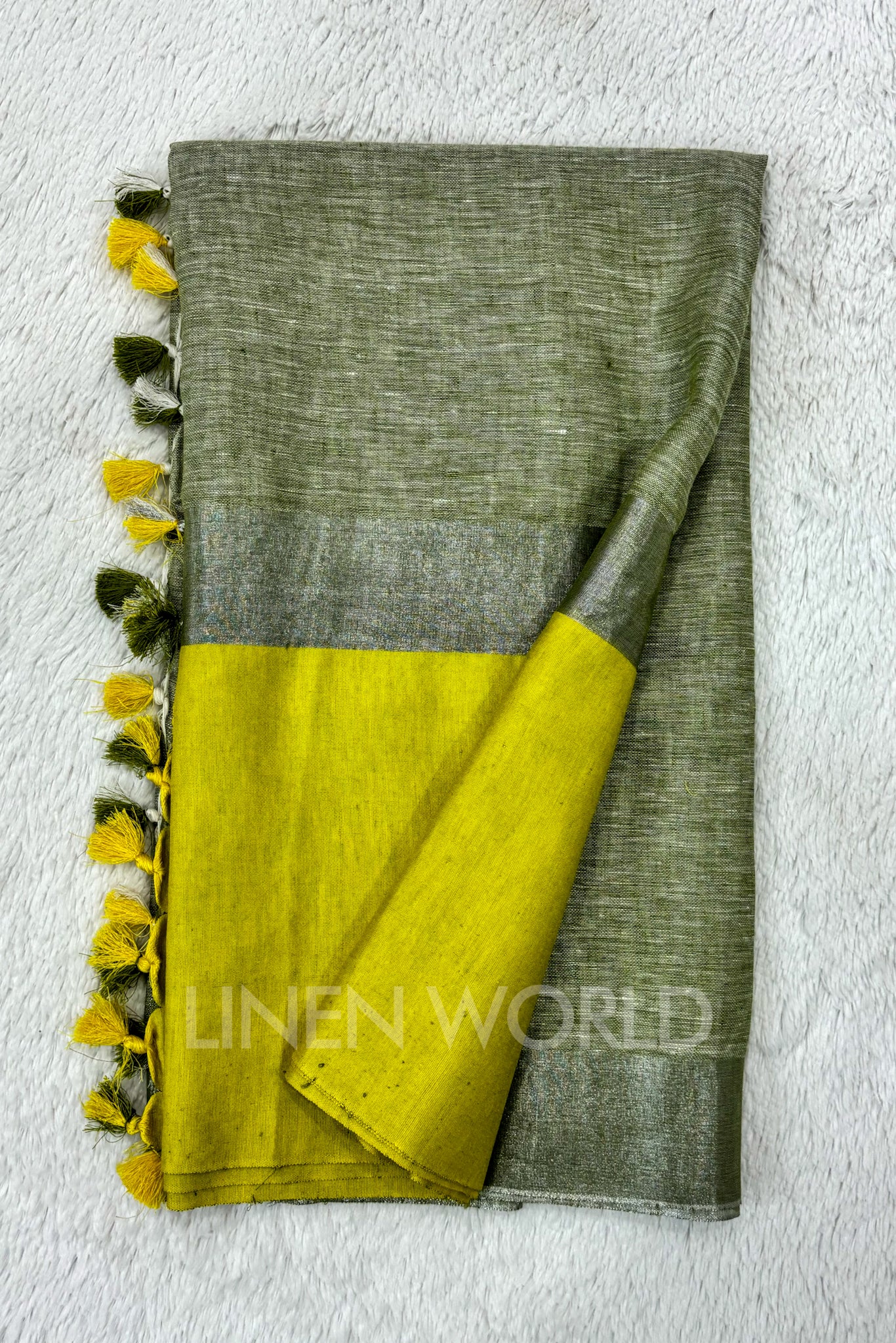 green handwoven pure linen saree - linenworldonline.in