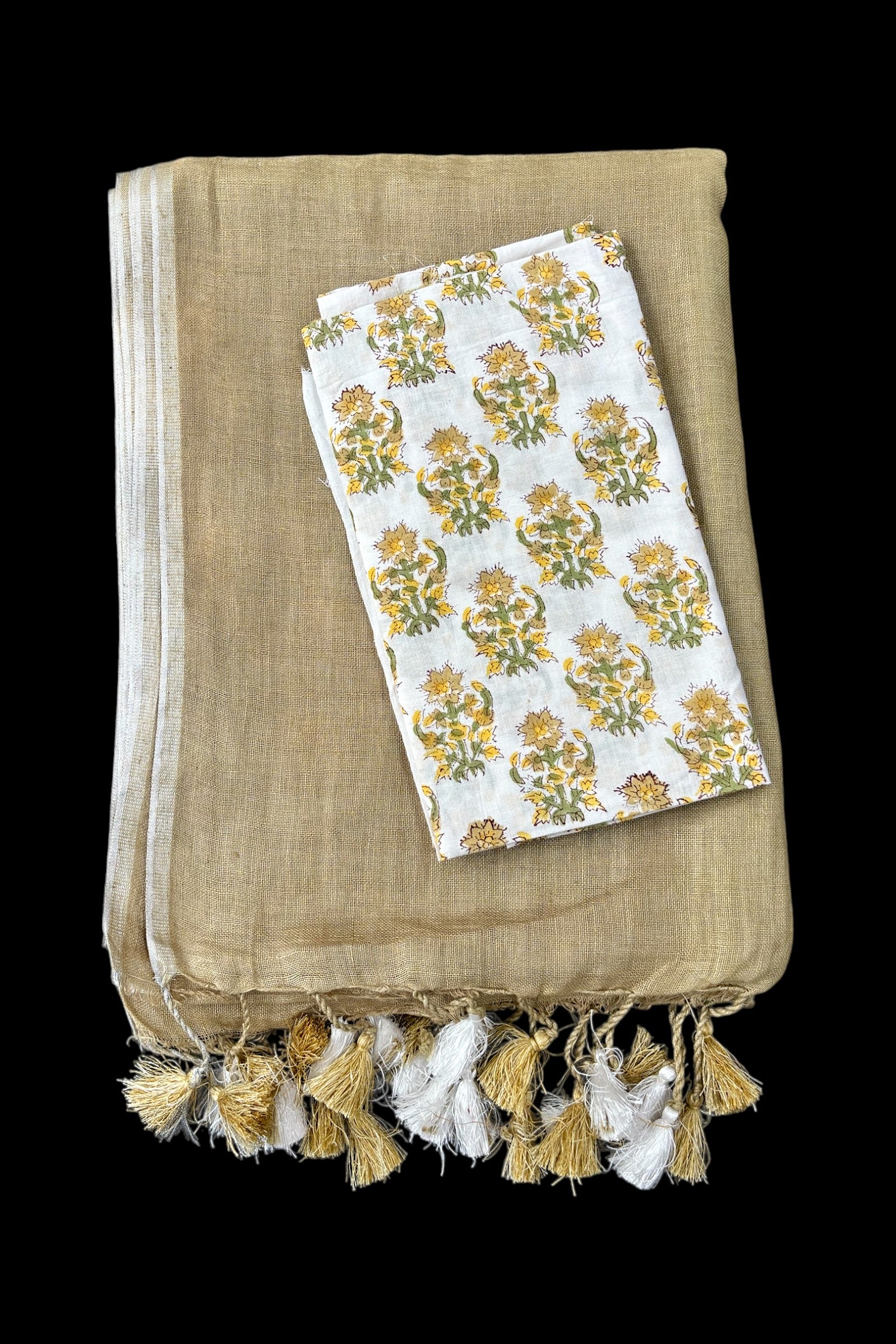 khaki linen saree with printed blouse | linenworldonline.in