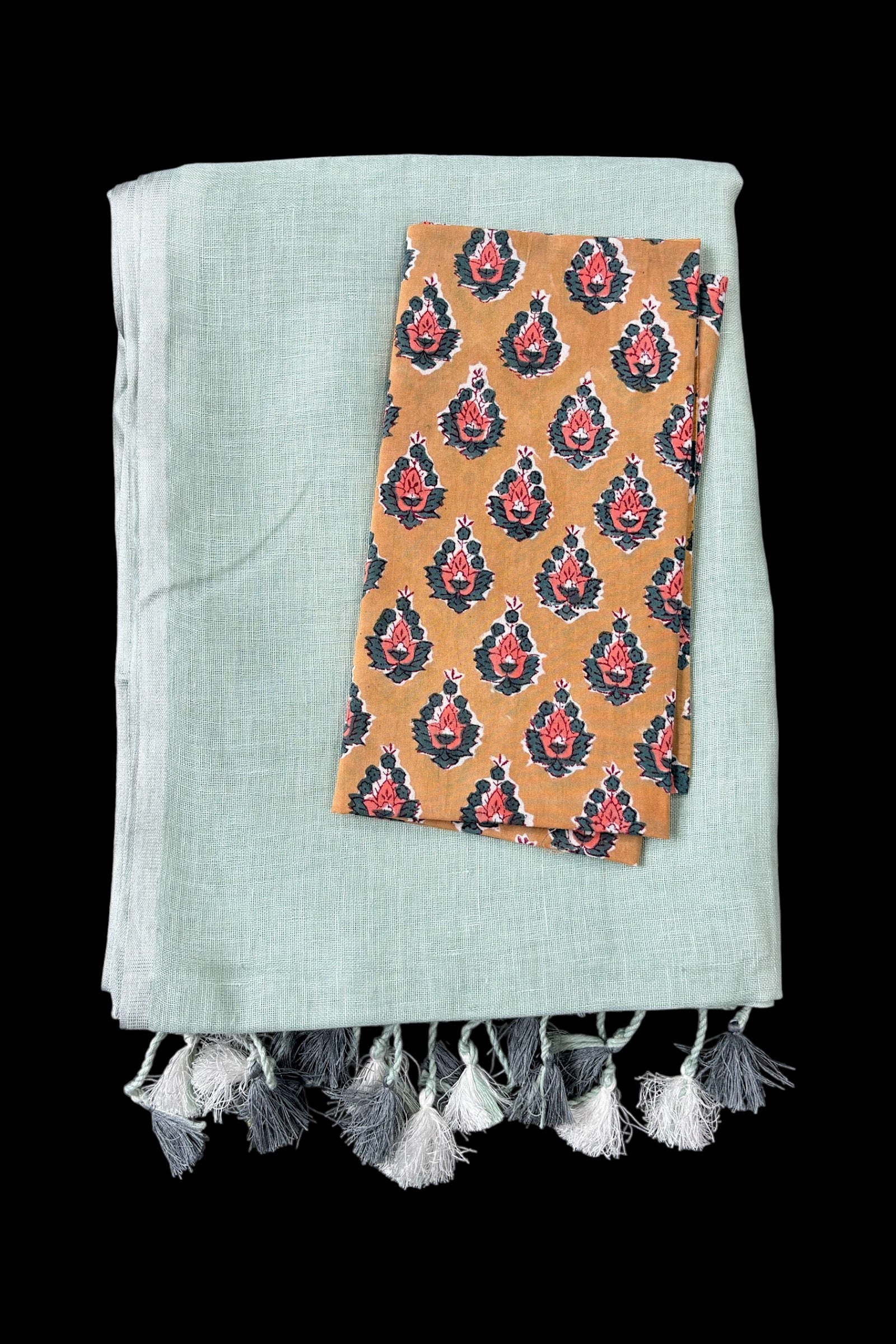 powder blue linen saree with printed blouse | linenworldonline.in