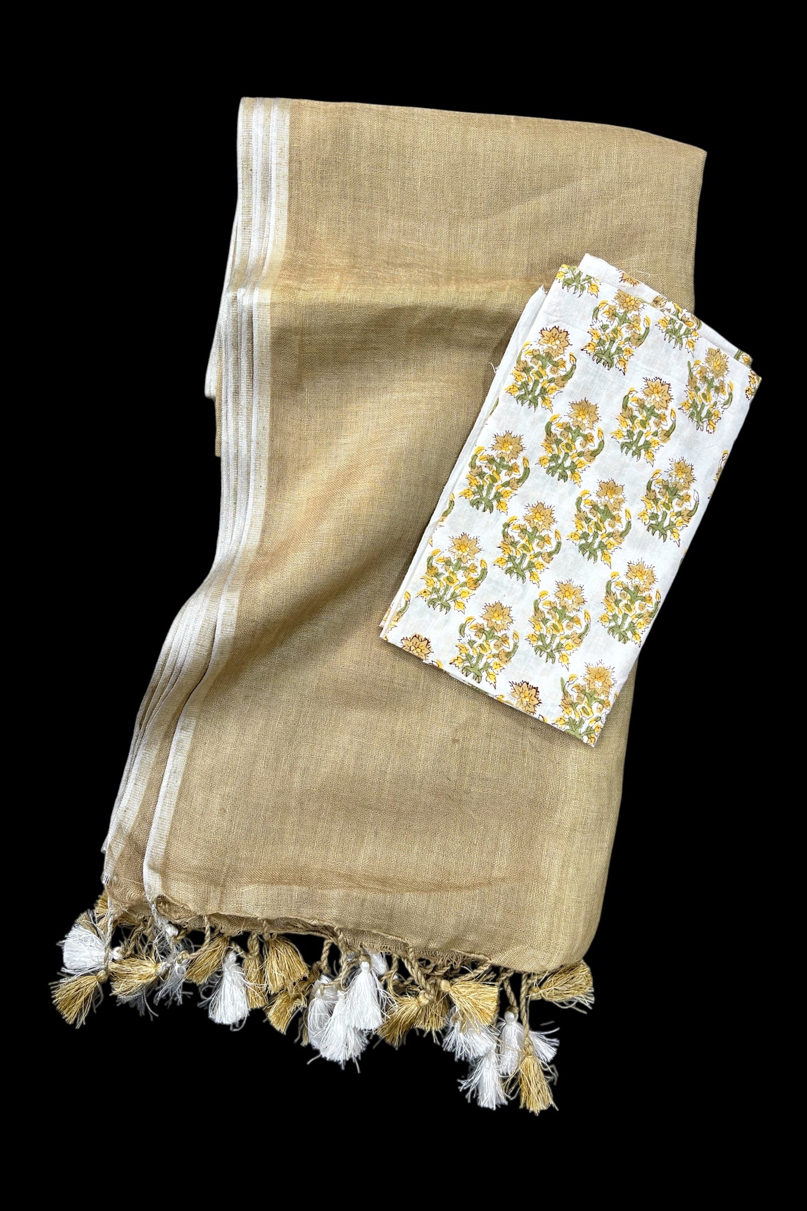 khaki linen saree with printed blouse | linenworldonline.in