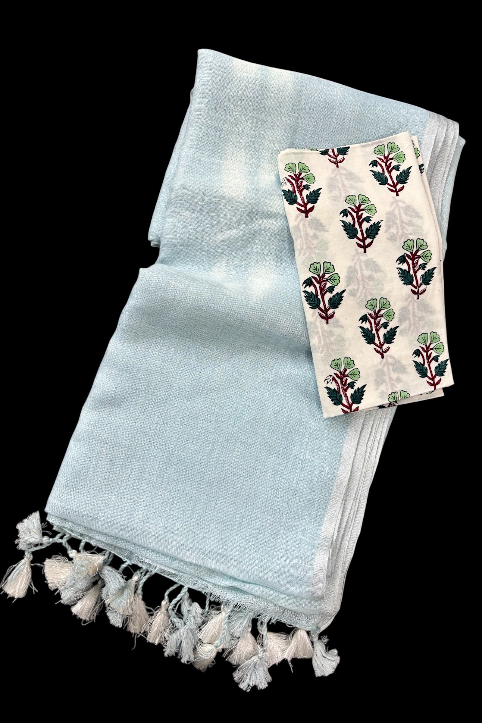 baby blue linen saree with printed blouse | linenworldonline.in