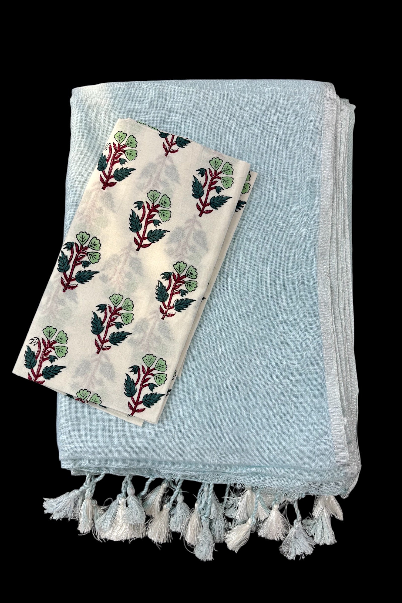 baby blue linen saree with printed blouse | linenworldonline.in