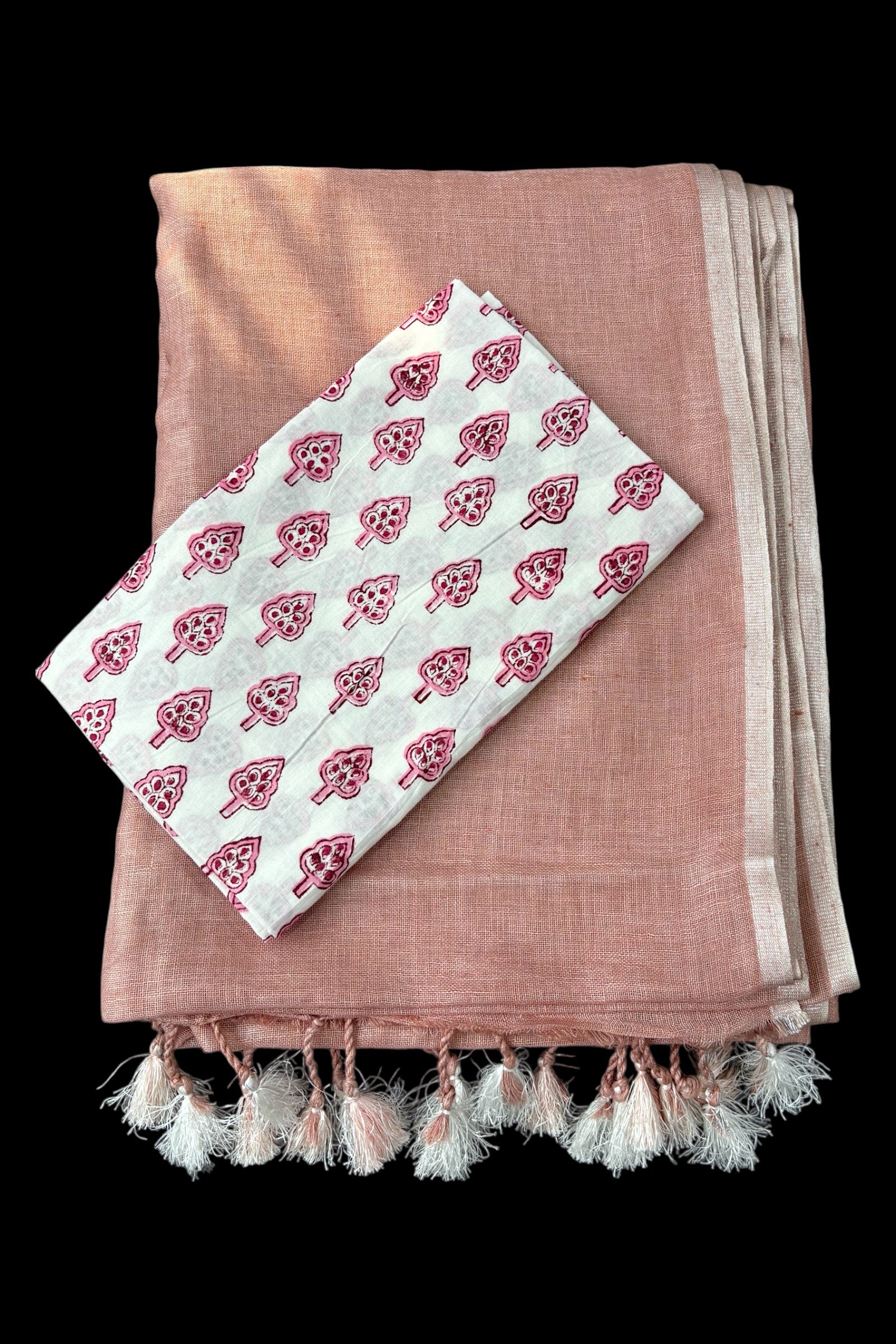 rose pink linen saree with printed blouse | linenworldonline.in