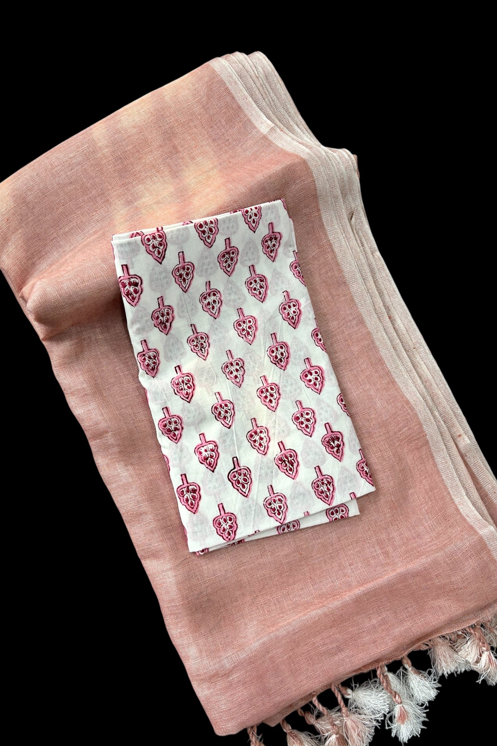 rose pink linen saree with printed blouse | linenworldonline.in