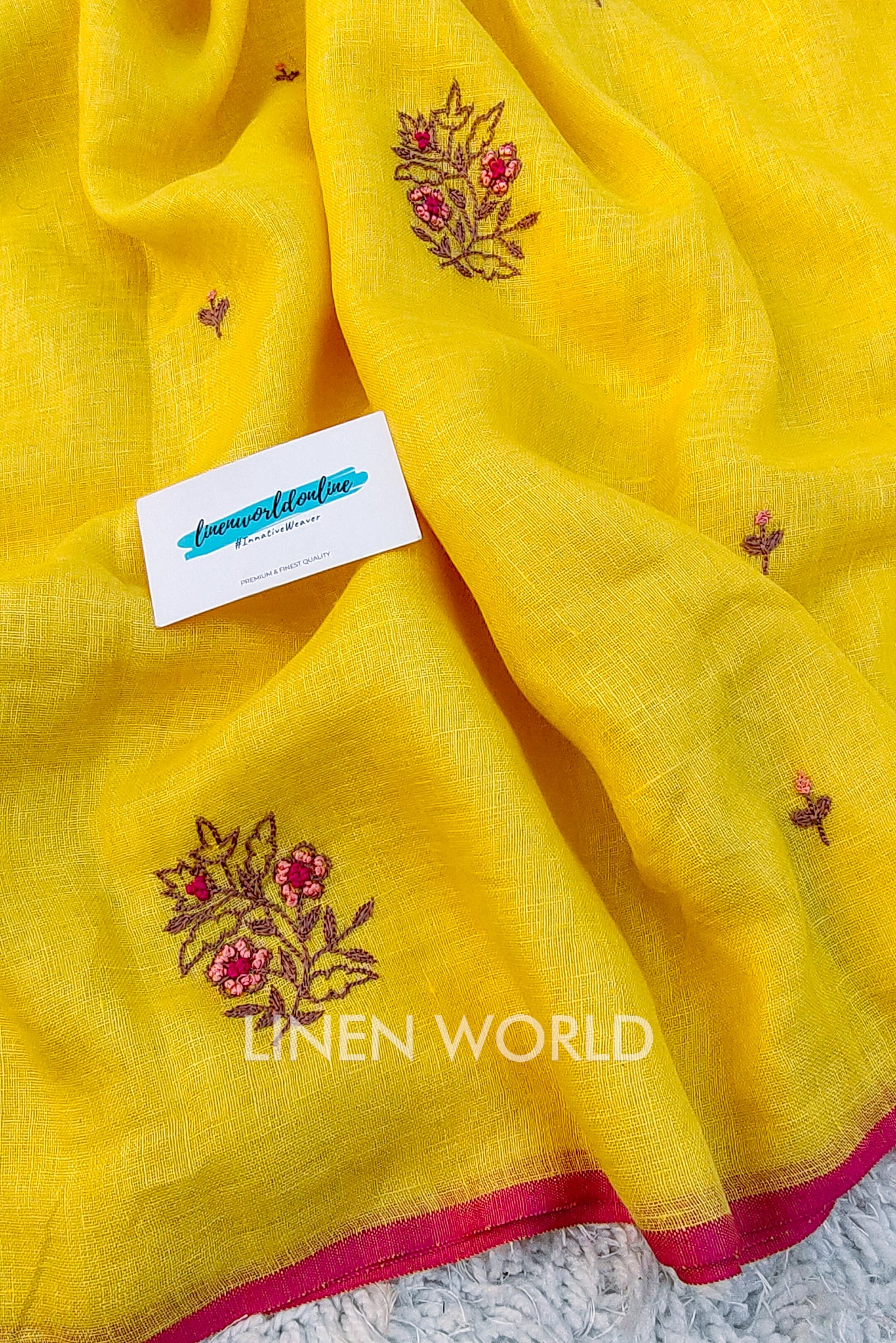 Ishanvi - french knot hand embroidered pure linen sari - linenworldonline.in