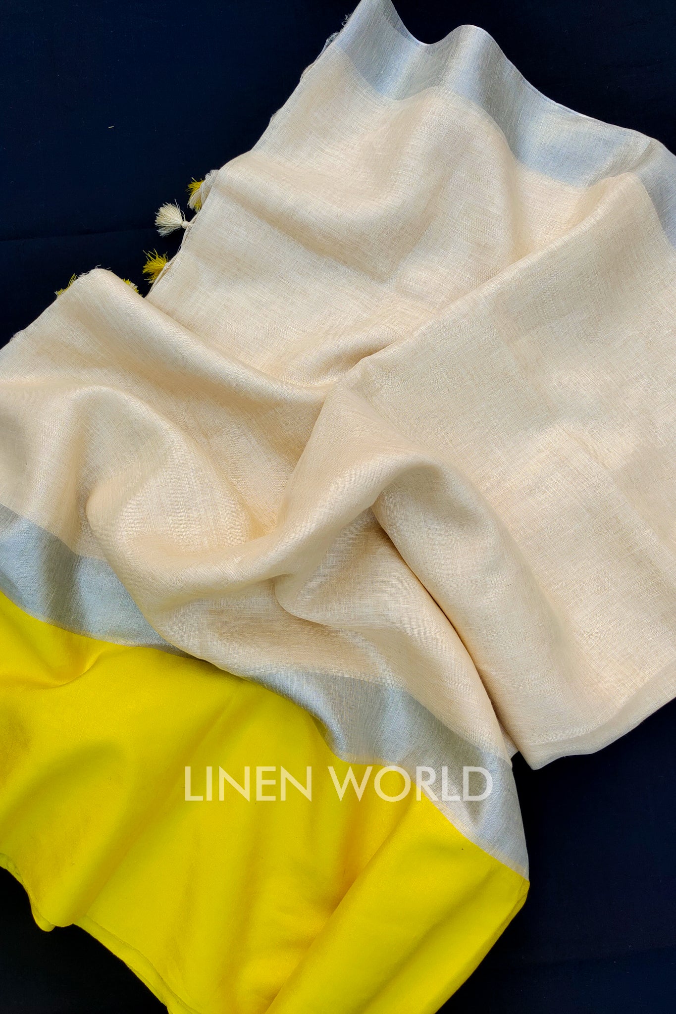 cream handwoven pure linen saree - linenworldonline.in
