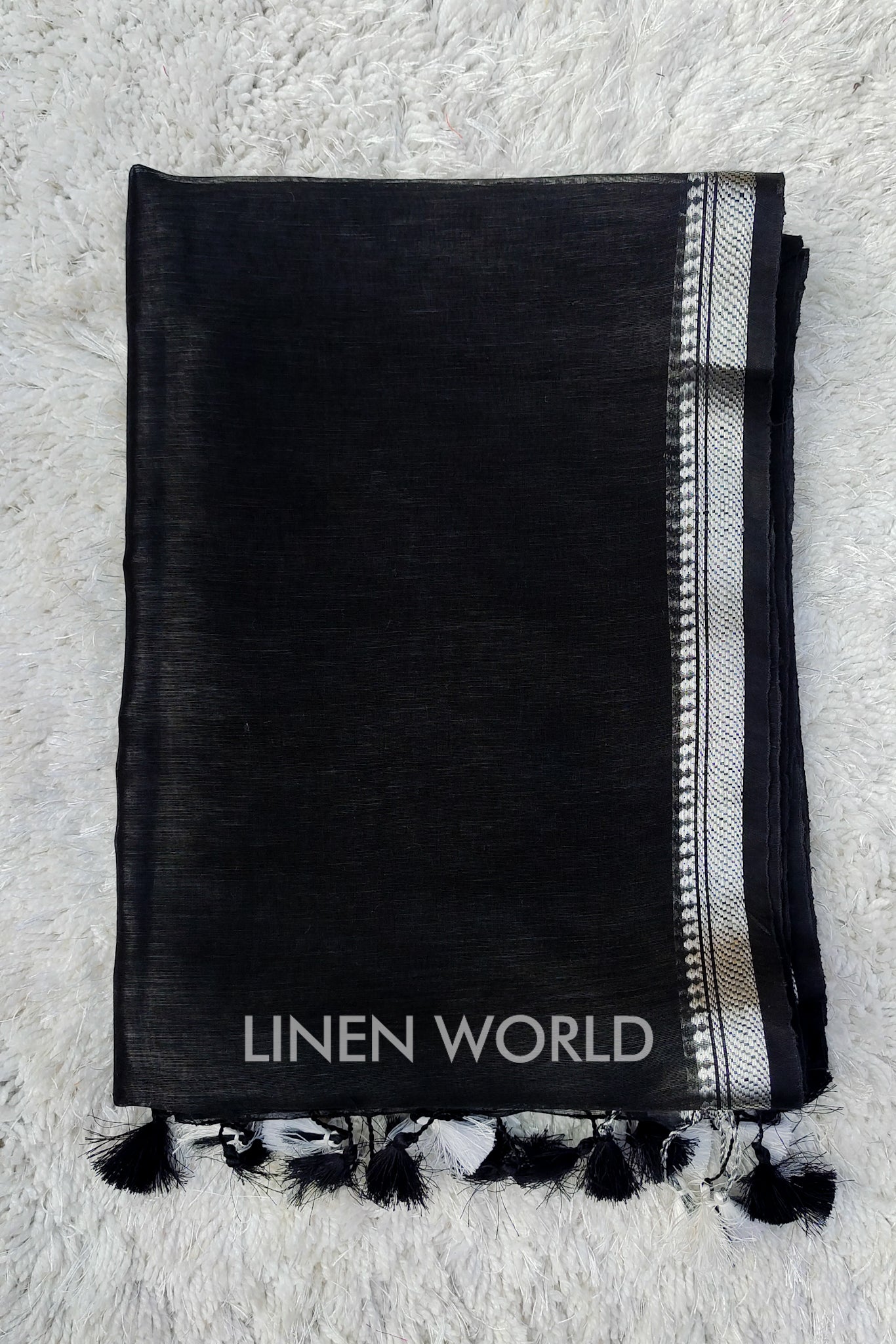 luna - banarasi border black silk linen saree - linenworldonline.in
