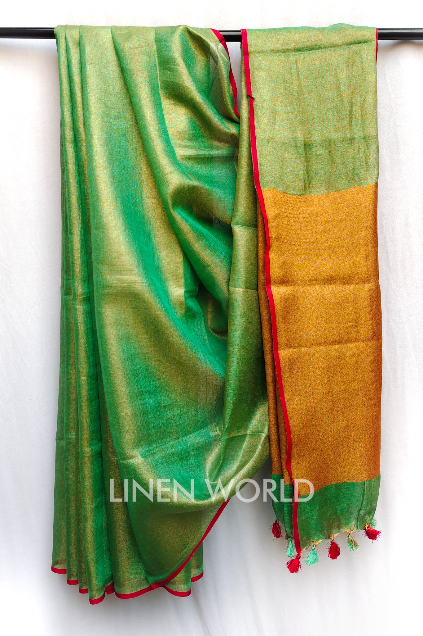 gracie - green zari linen sari - linenworldonline.in