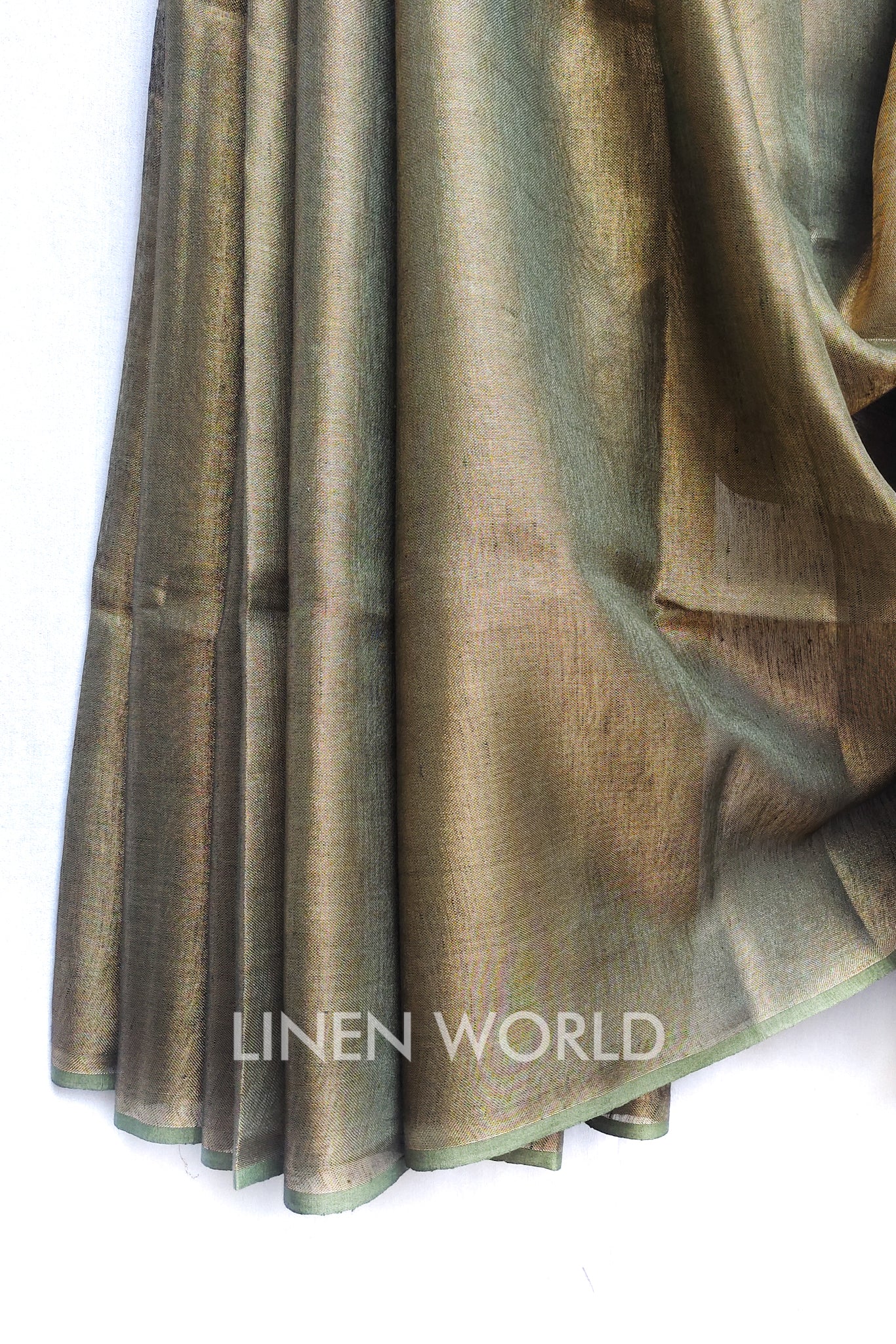 egwene - olive green zari linen sari - linenworldonline.in