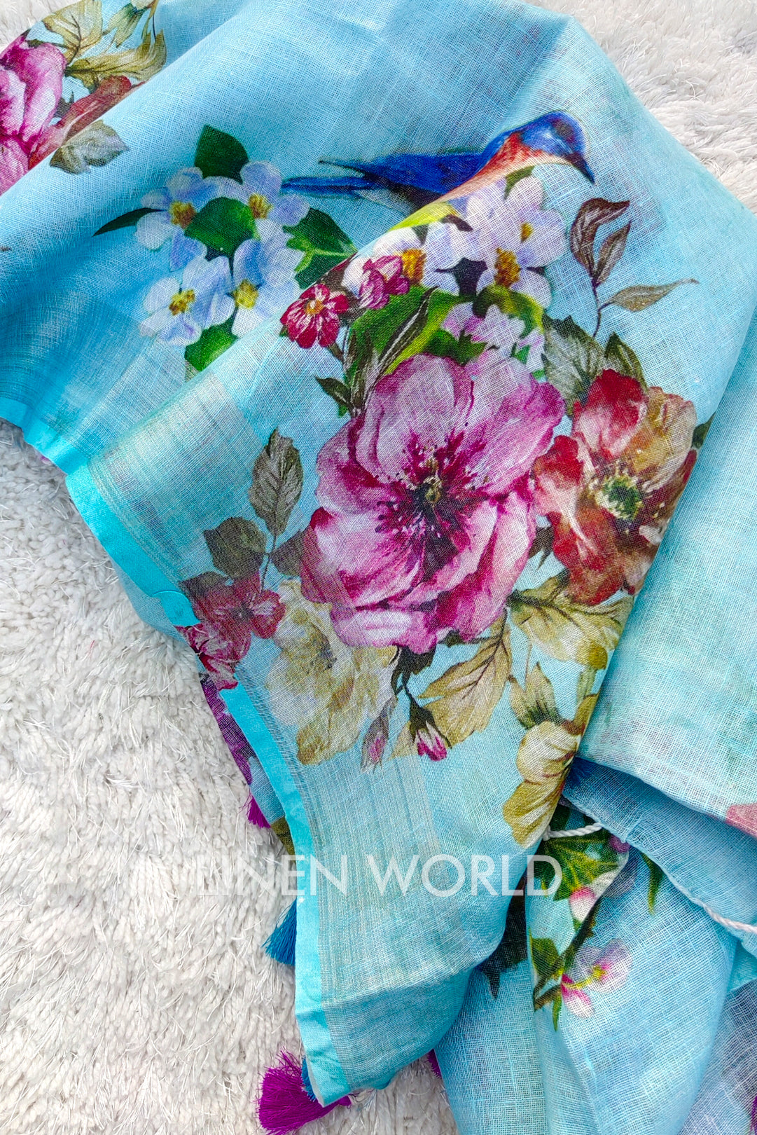 akira - blue digital printed handloom pure linen saree - linenworldonline.in
