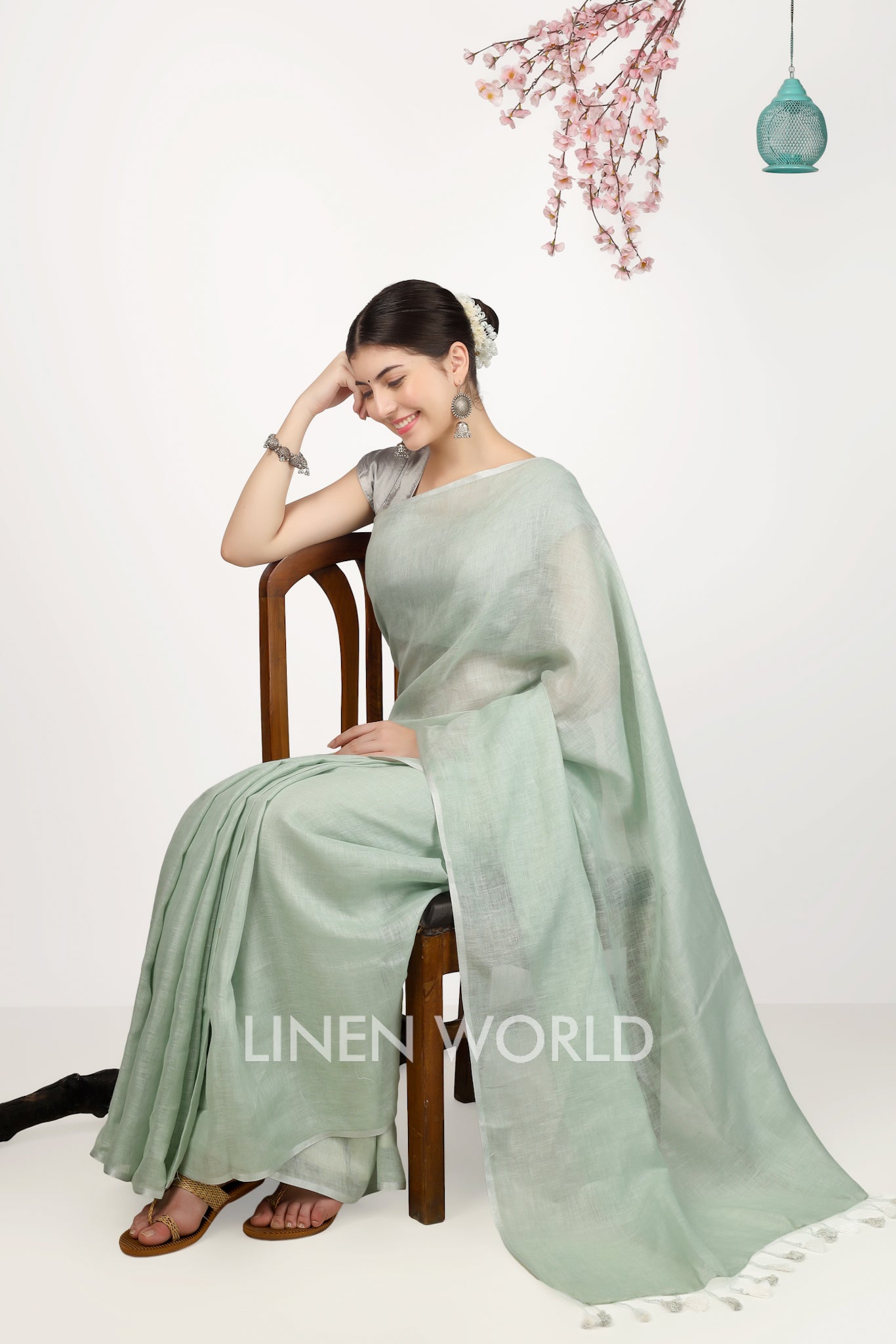 mitali - green pure linen saree - linenworldonline.in