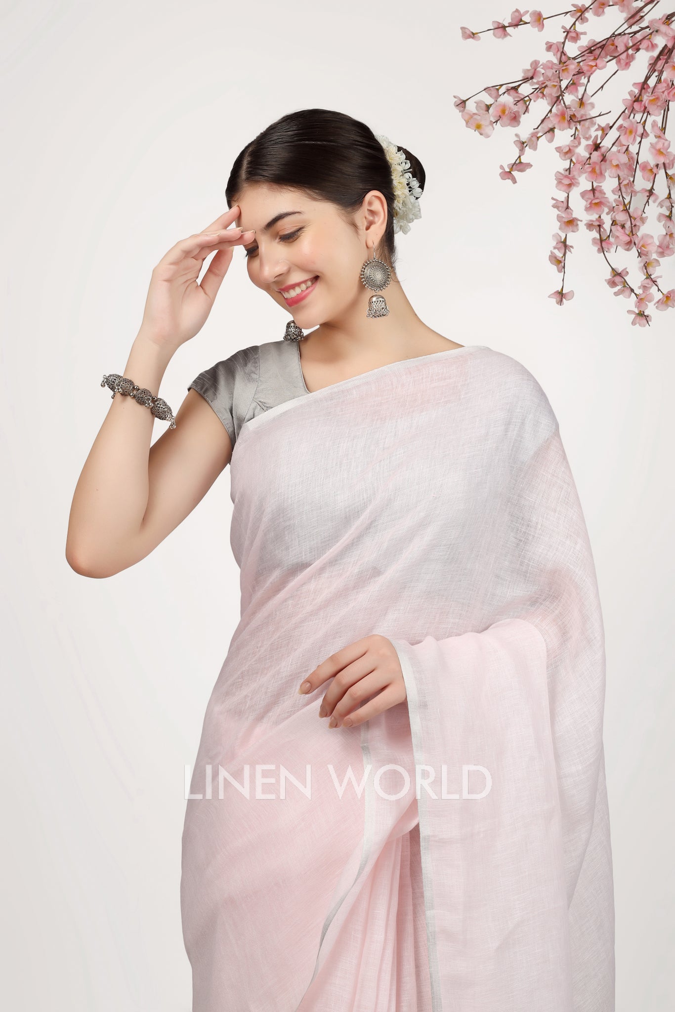 navya - pink pure linen saree - linenworldonline.in