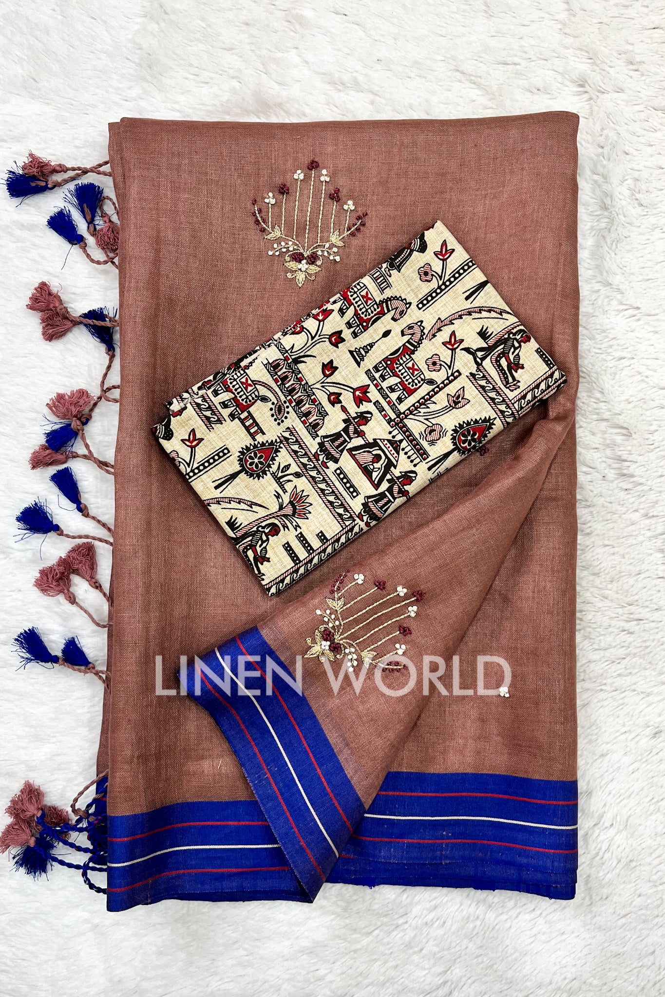 farheen: brown hand embroidered pure linen saree - linenworldonline.in