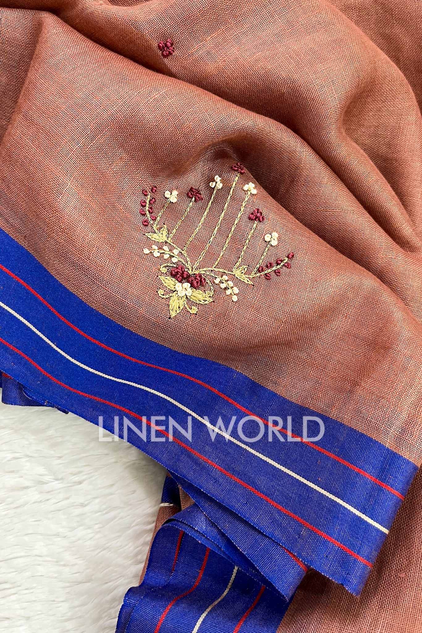 farheen: brown hand embroidered pure linen saree - linenworldonline.in