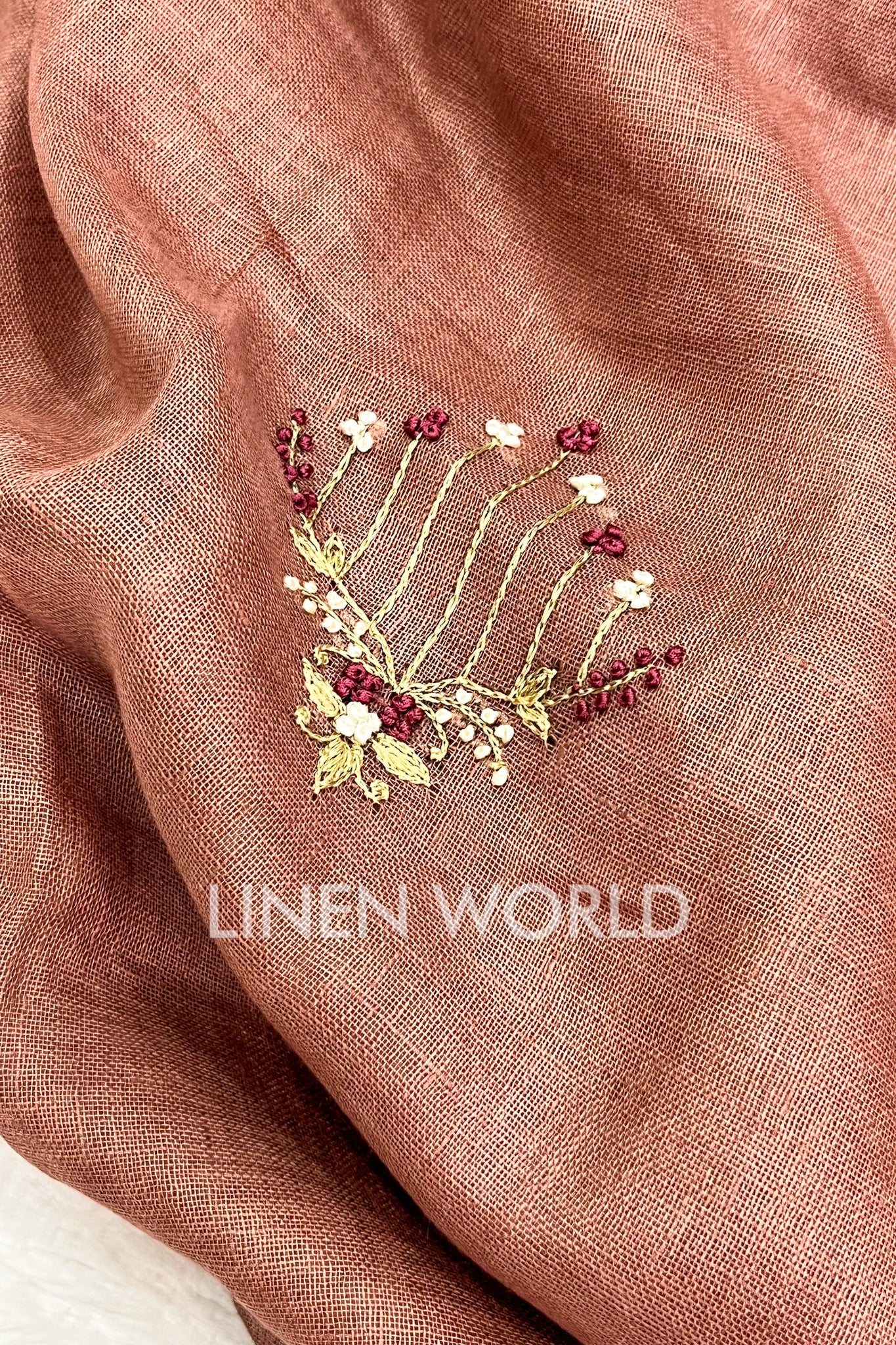 farheen: brown hand embroidered pure linen saree - linenworldonline.in