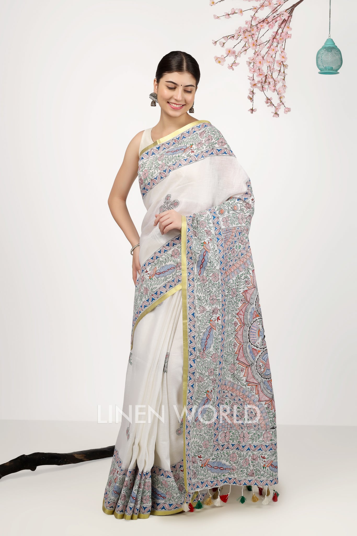 apsara - madhubani hand painted pure linen sari - linenworldonline.in