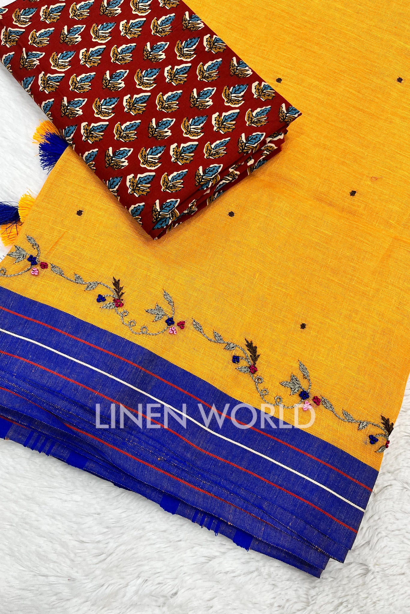 mehreen: yellow hand embroidered pure linen saree - linenworldonline.in