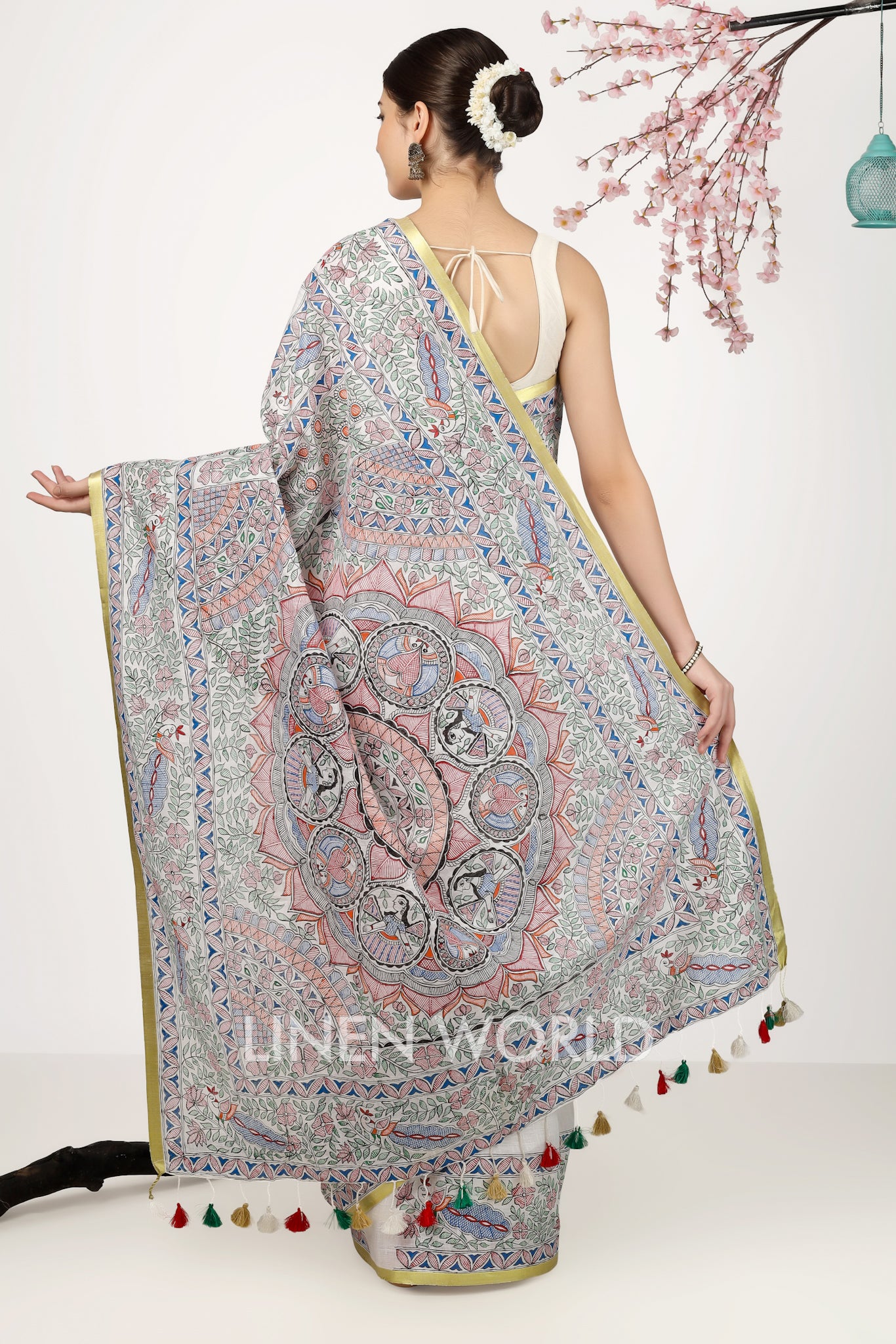 apsara - madhubani hand painted pure linen sari - linenworldonline.in