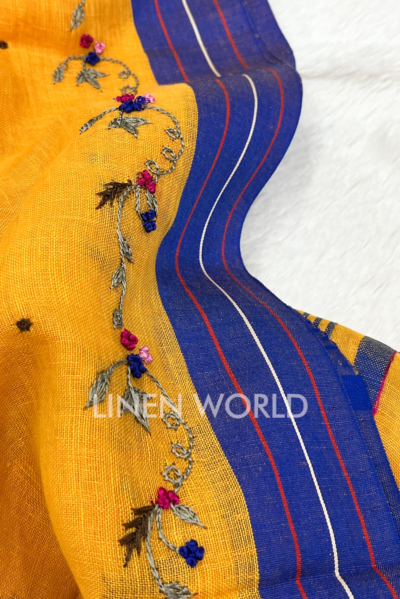 mehreen: yellow hand embroidered pure linen saree - linenworldonline.in