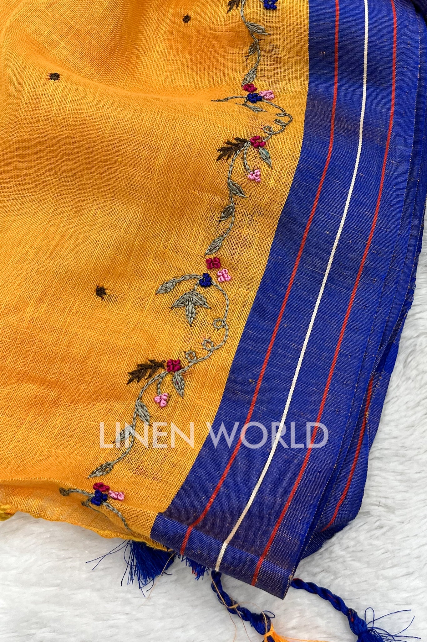 mehreen: yellow hand embroidered pure linen saree - linenworldonline.in