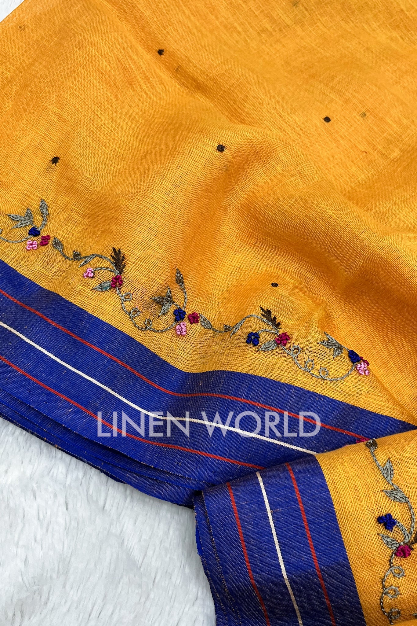 mehreen: yellow hand embroidered pure linen saree - linenworldonline.in