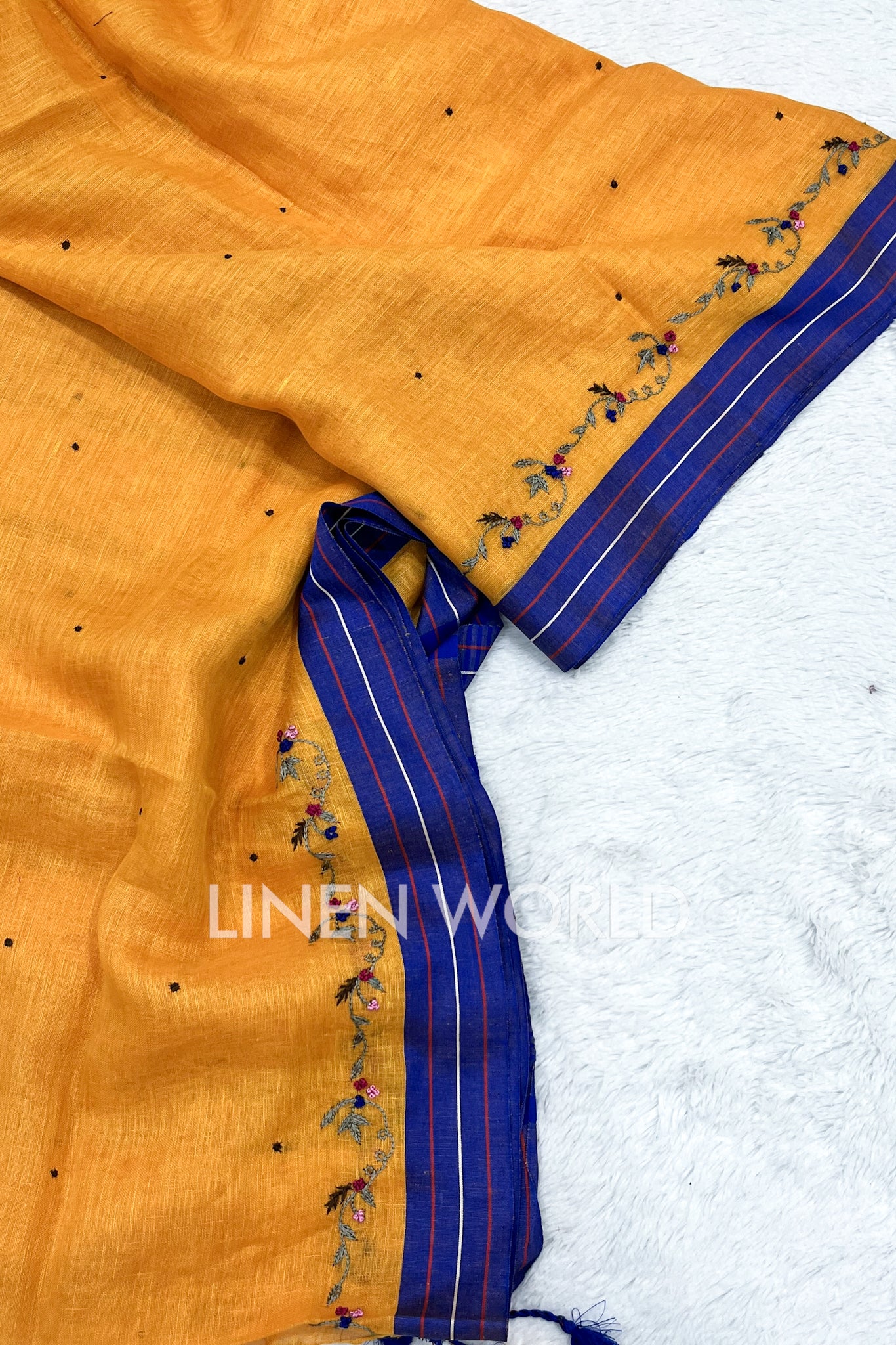 mehreen: yellow hand embroidered pure linen saree - linenworldonline.in