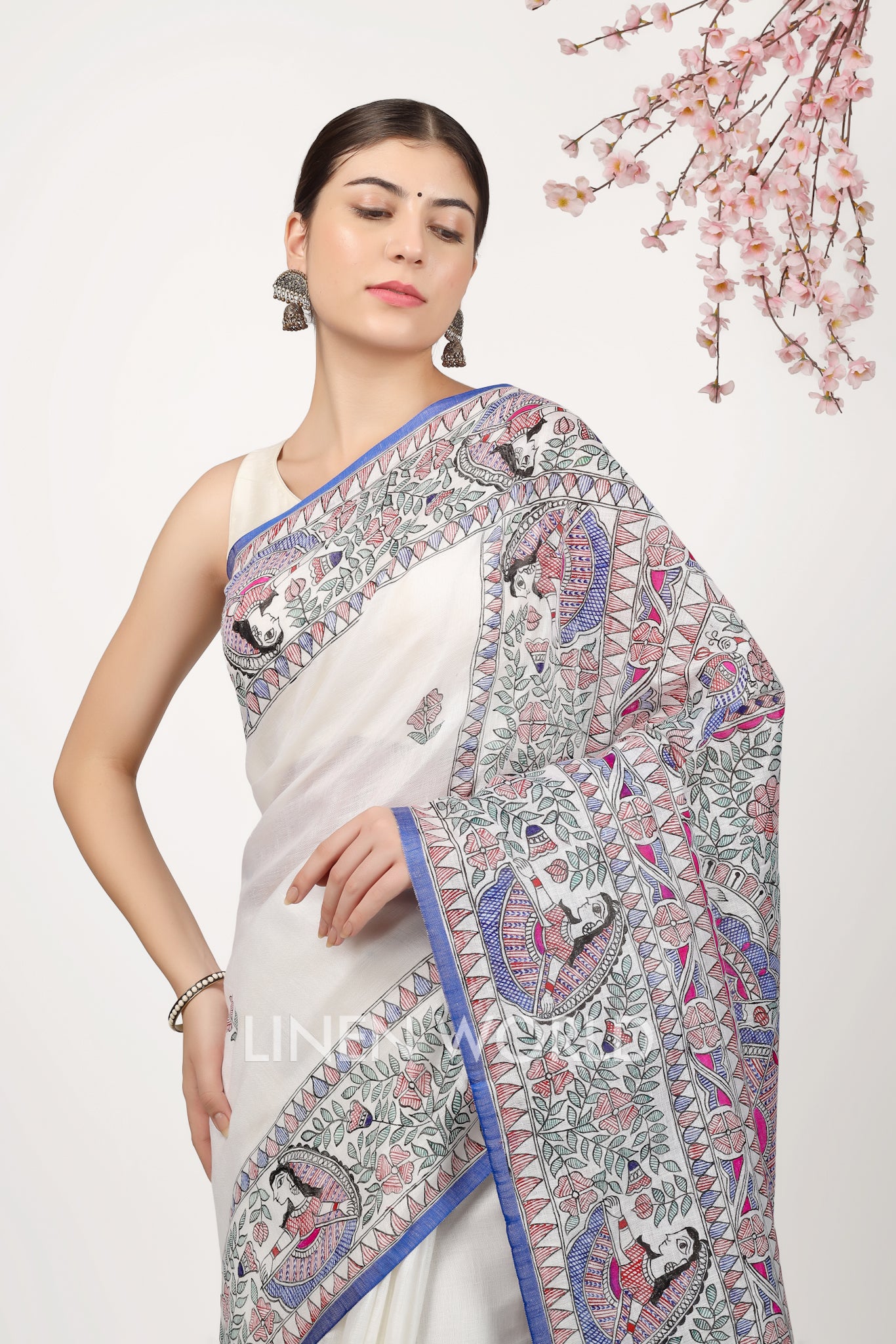 eshita - madhubani painted pure linen sari - linenworldonline.in