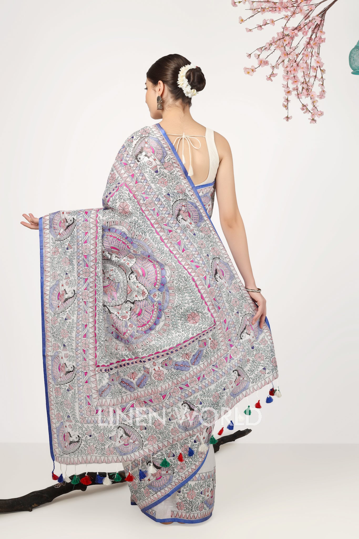 eshita - madhubani painted pure linen sari - linenworldonline.in