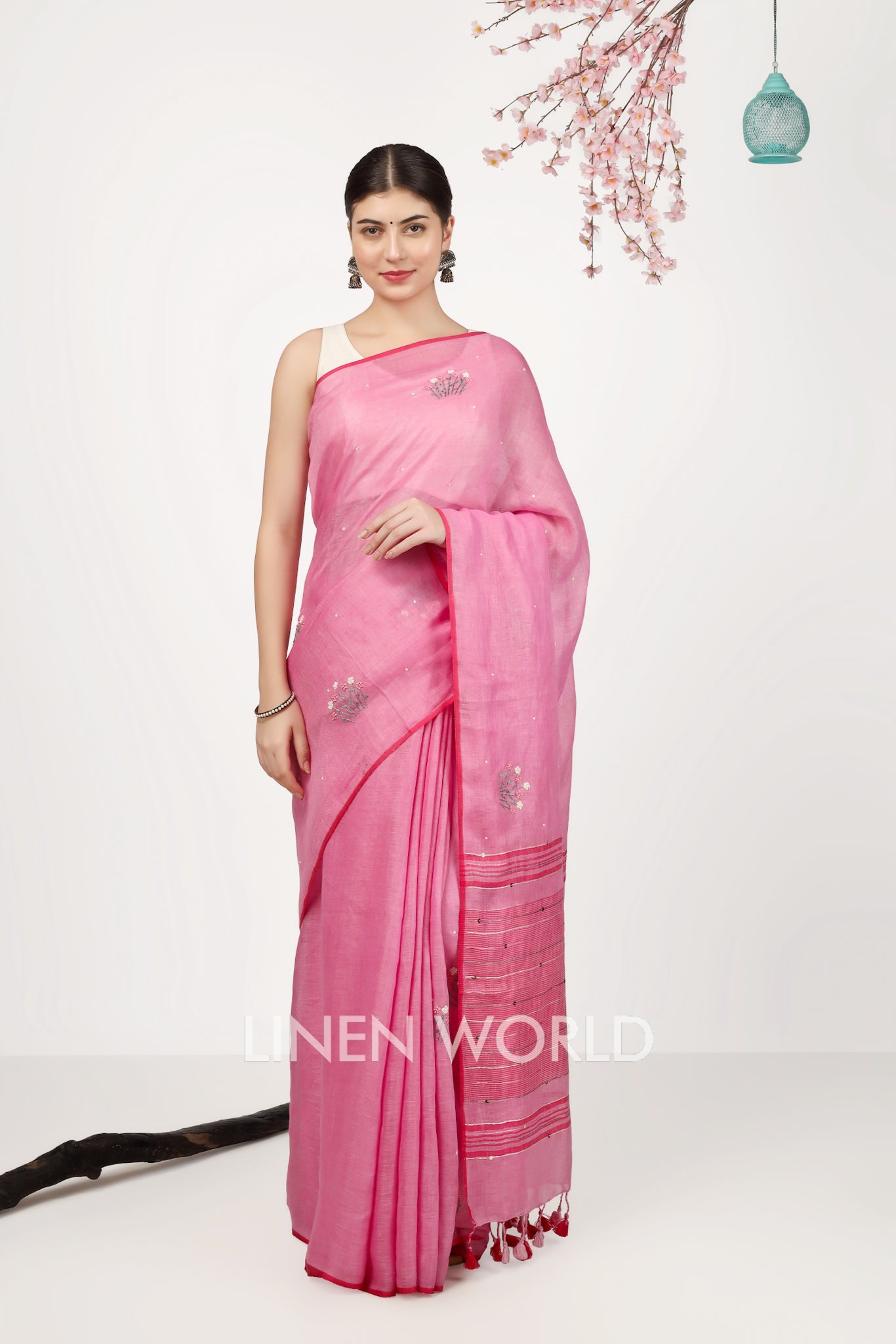 naisha - french knot hand embroidered pure linen sari - linenworldonline.in
